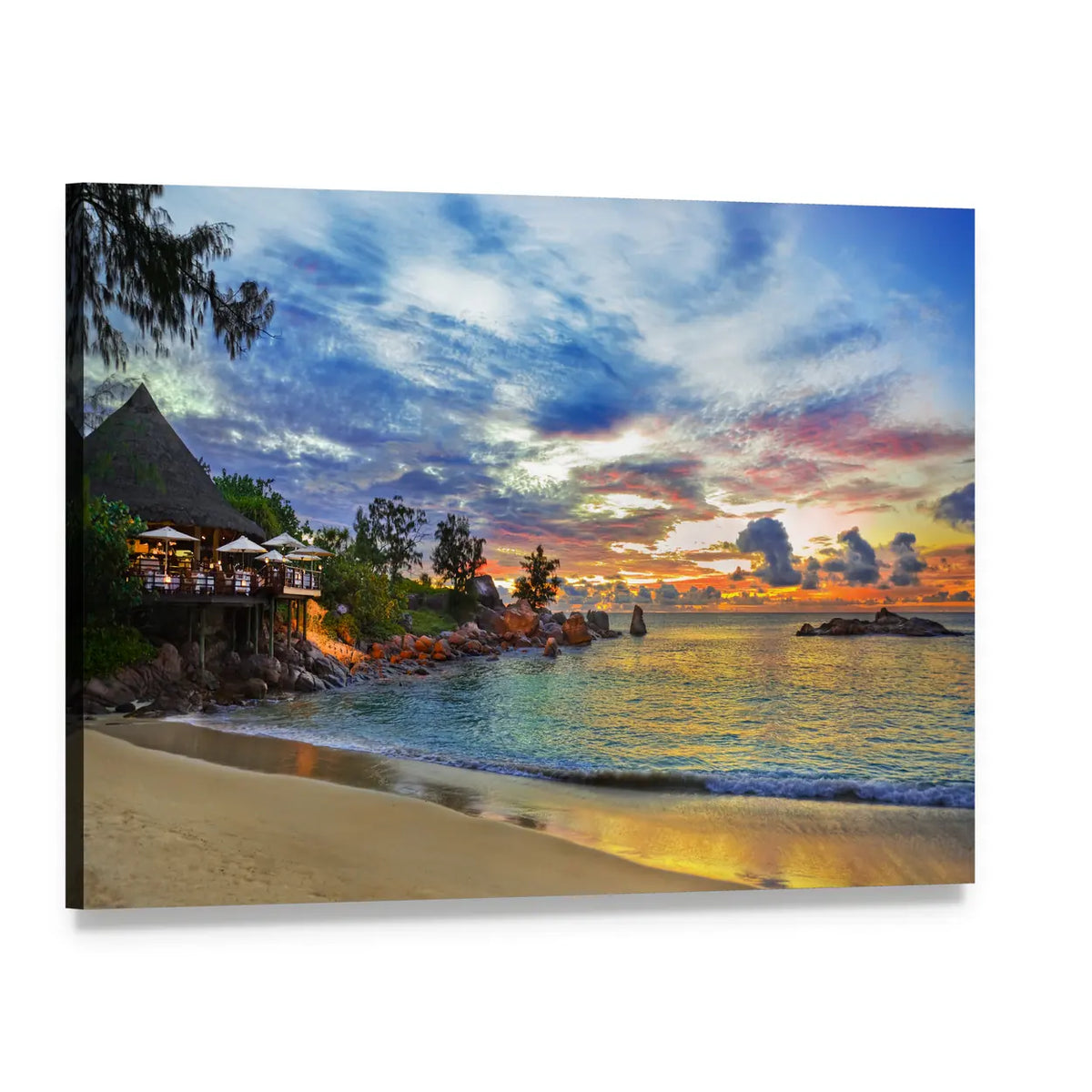 Sunset Cafe on Tropical Beach Canvas Wall Art, single panel gallery wrapped canvas, angled product view