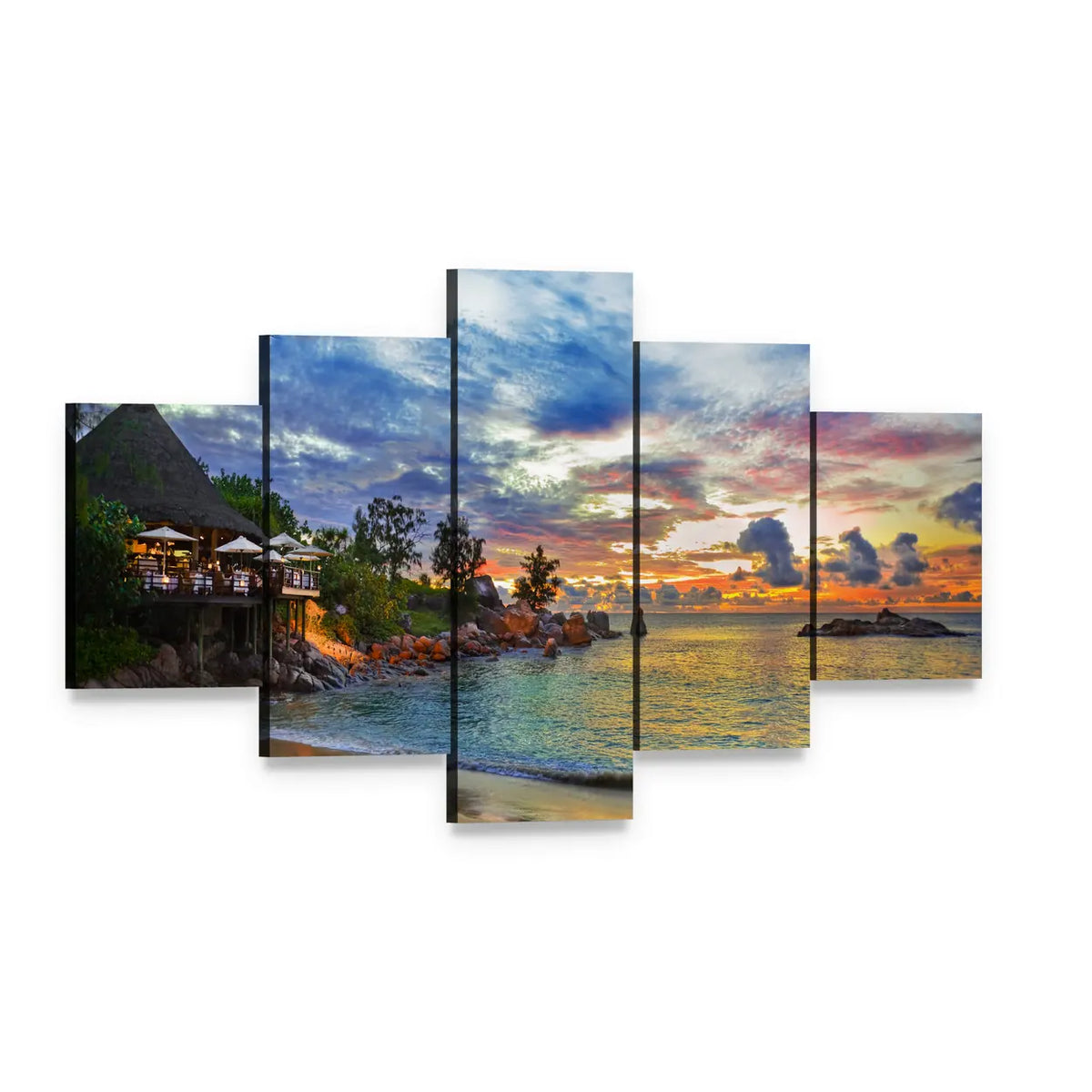 Sunset Cafe on Tropical Beach Canvas Wall Art, 5 panel 5 Star layout gallery wrapped canvas set, angled product view