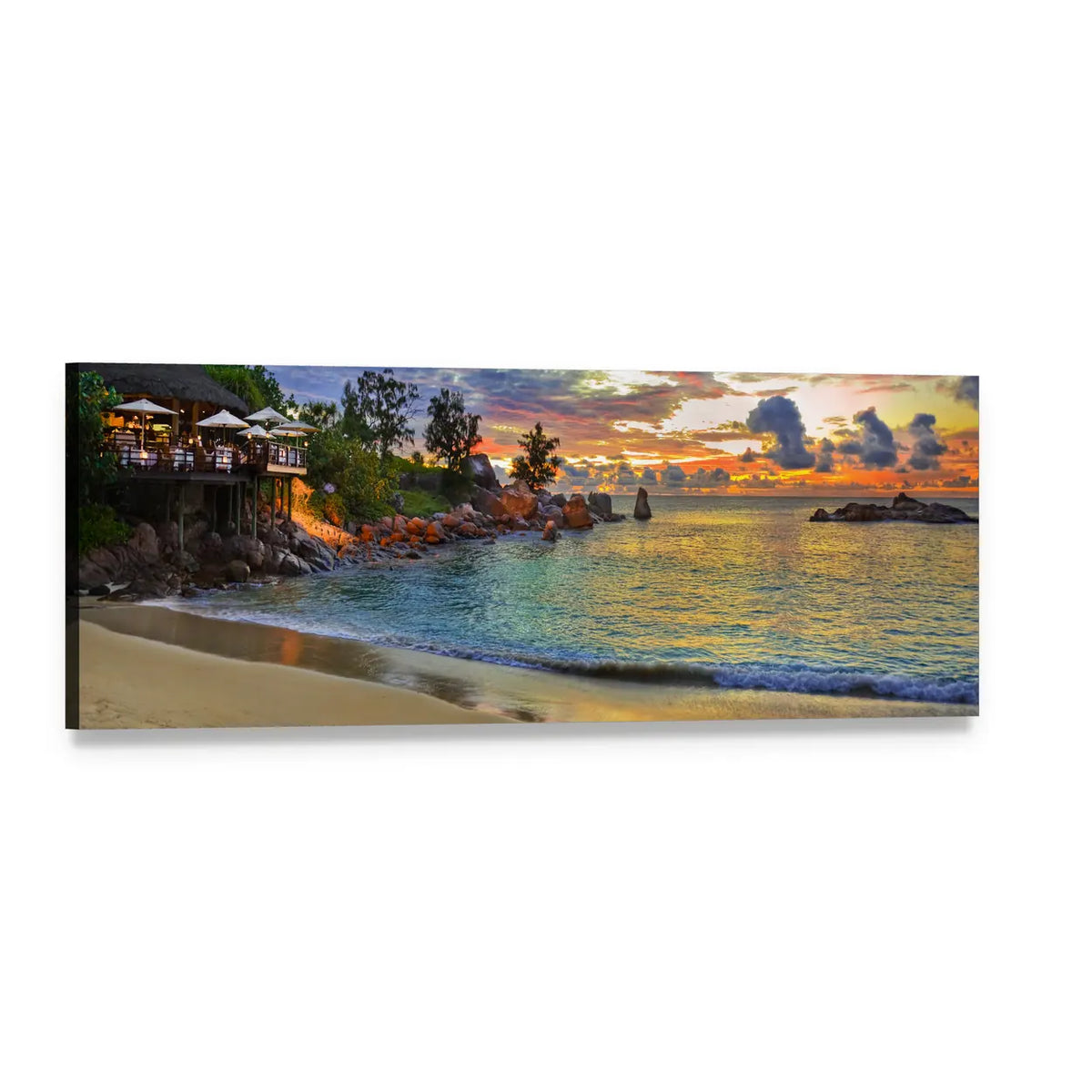 Tropical Beach Cafe at Sunset Panoramic Canvas Wall Art, single panel gallery wrapped canvas, angled product view