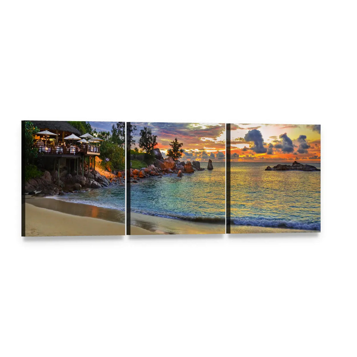 Tropical Beach Cafe at Sunset Panoramic Canvas Wall Art, 3 panel 3 Piece layout gallery wrapped canvas set, angled product view