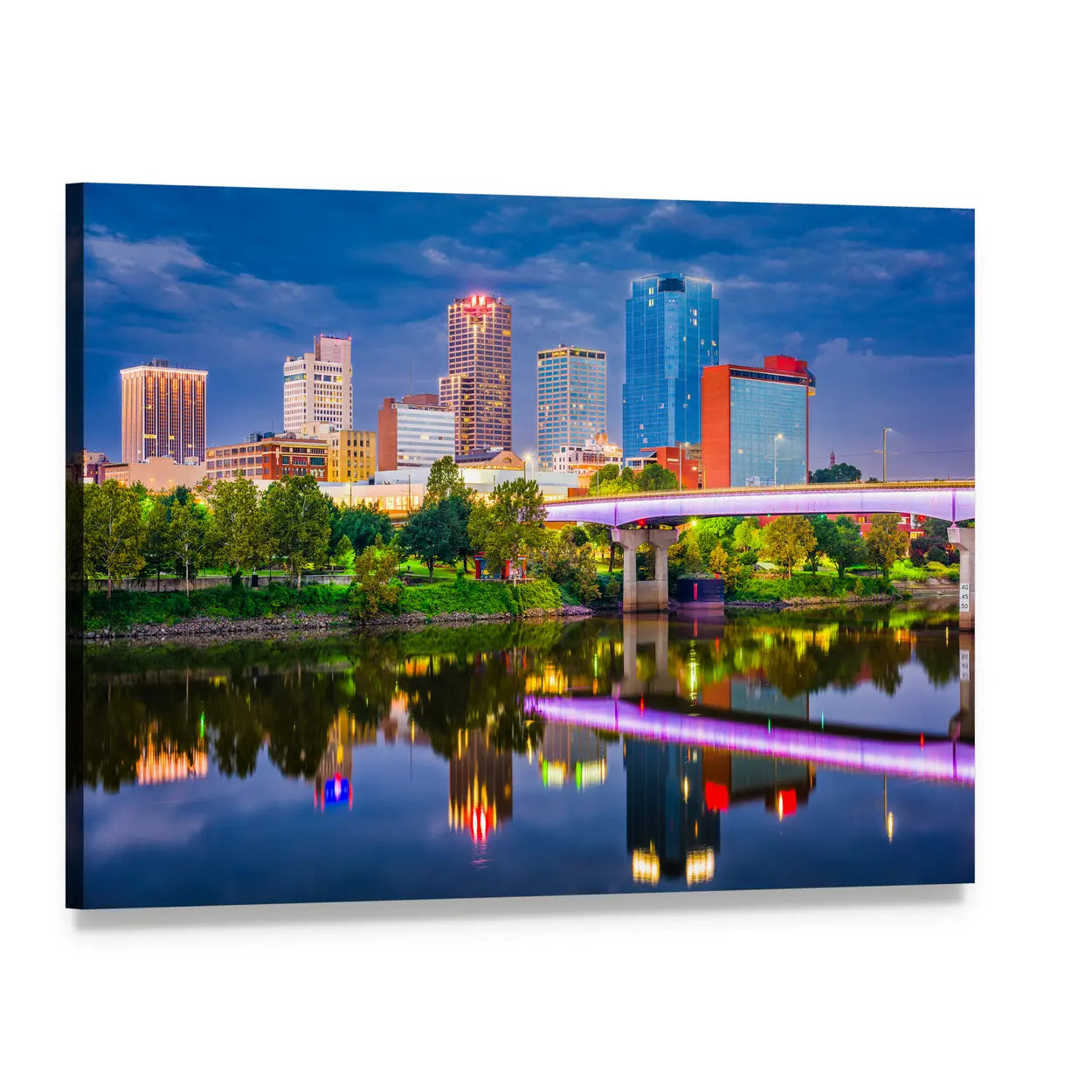Arkansas Night Skyline with River Reflection Canvas Wall Art, single panel gallery wrapped canvas, angled product view