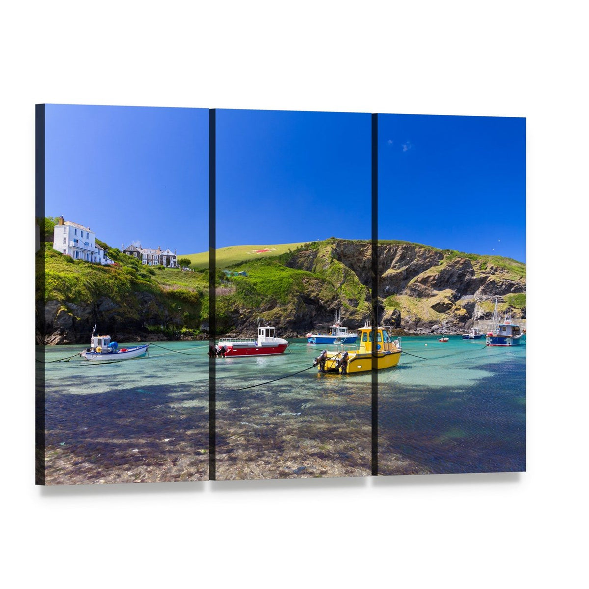 Colorful Fishing Boats Canvas Wall Art, 3 panel 3 Horizontal layout gallery wrapped canvas set, angled product view