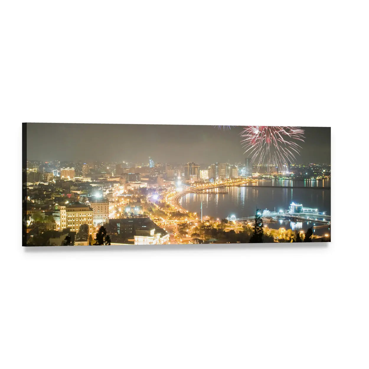 Baku Night Fireworks Over Waterfront Panoramic Canvas Wall Art, single panel gallery wrapped canvas, angled product view