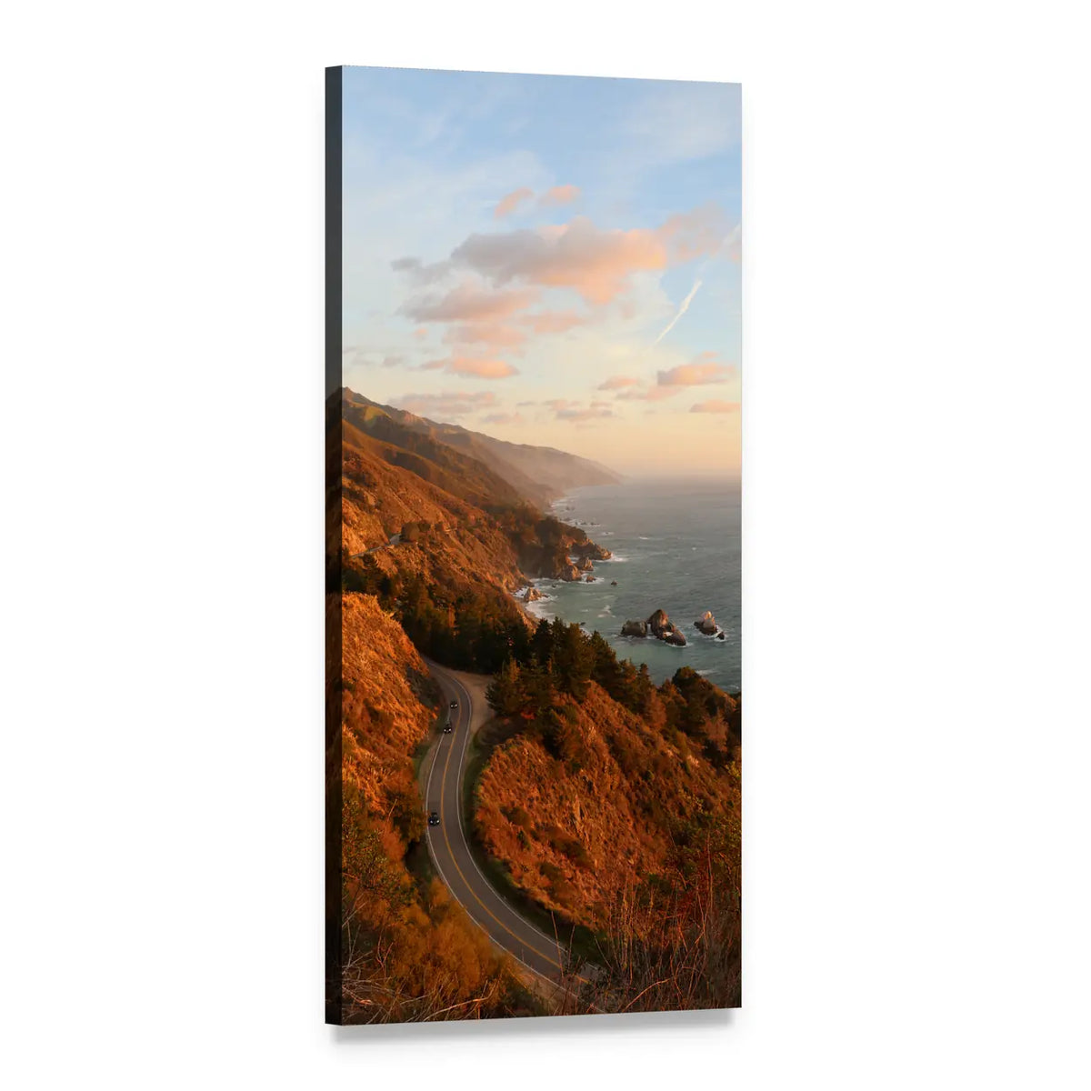 Winding Coastal Highway at Sunset Vertical Canvas Wall Art, 1 panel 1 Vertical layout gallery wrapped canvas set, angled product view
