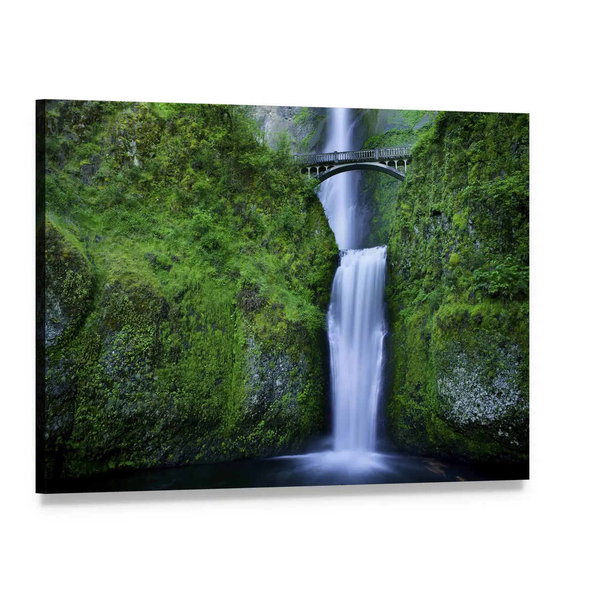 Multnomah Falls with Arched Stone Bridge Canvas Wall Art, single panel gallery wrapped canvas, angled product view