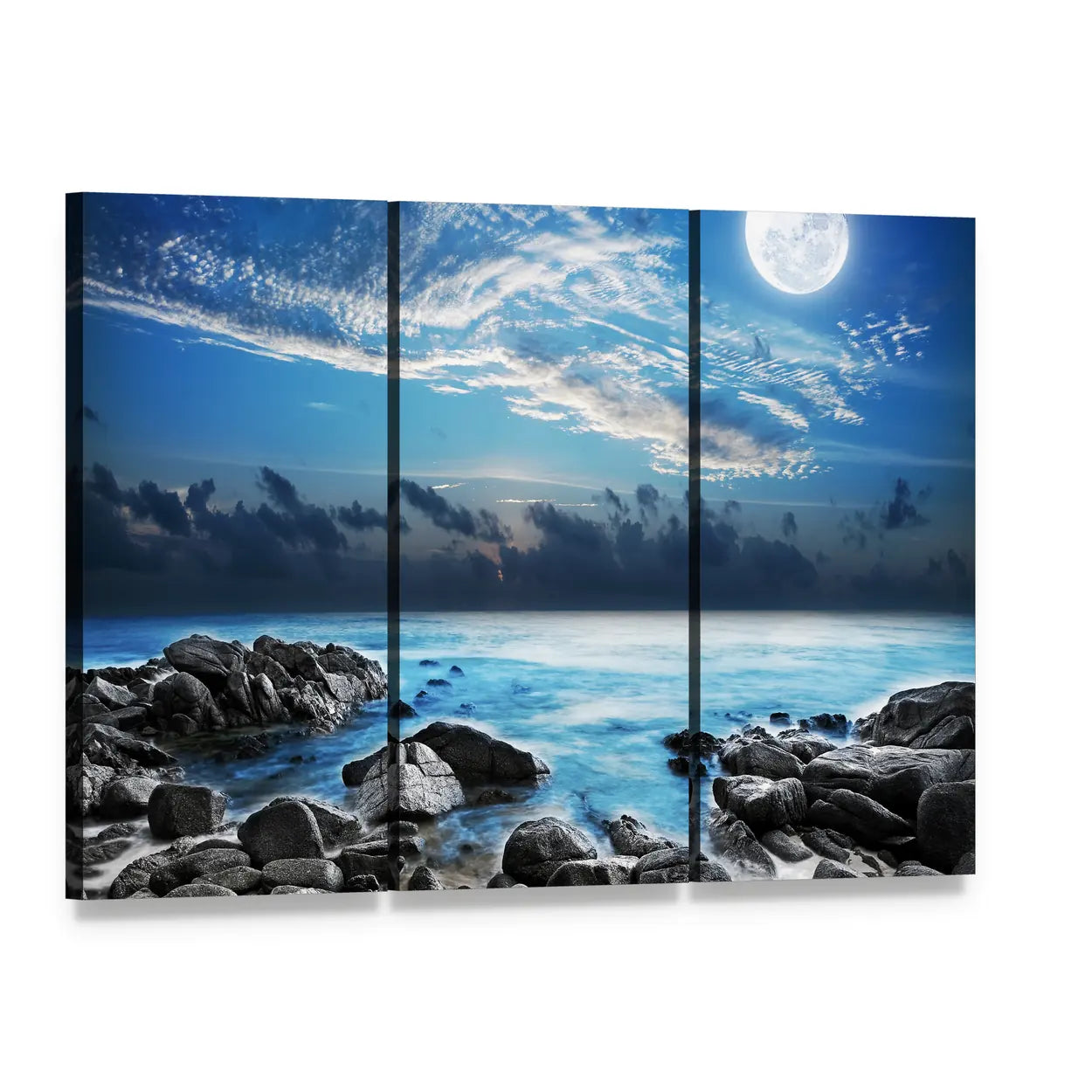 Moon Over Tropical Bay Canvas Wall Art, 3 panel 3 Horizontal layout gallery wrapped canvas set, angled product view