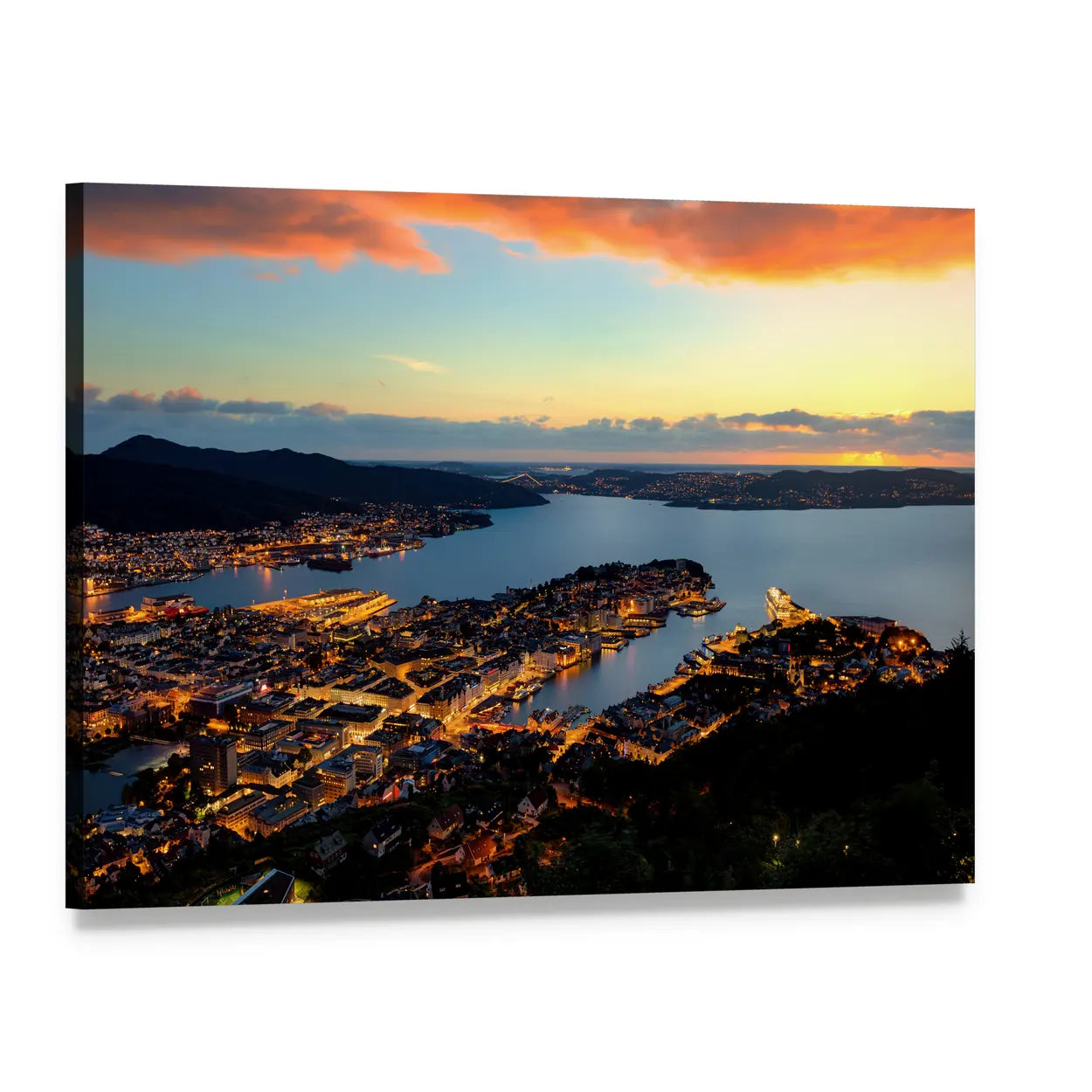 Bergen Harbor at Sunset Canvas Wall Art, single panel gallery wrapped canvas, angled product view