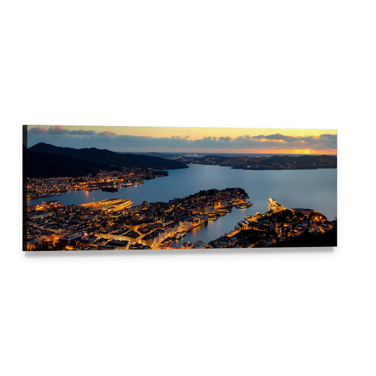 Bergen Harbor at Dusk Panoramic Canvas Wall Art, single panel gallery wrapped canvas, angled product view