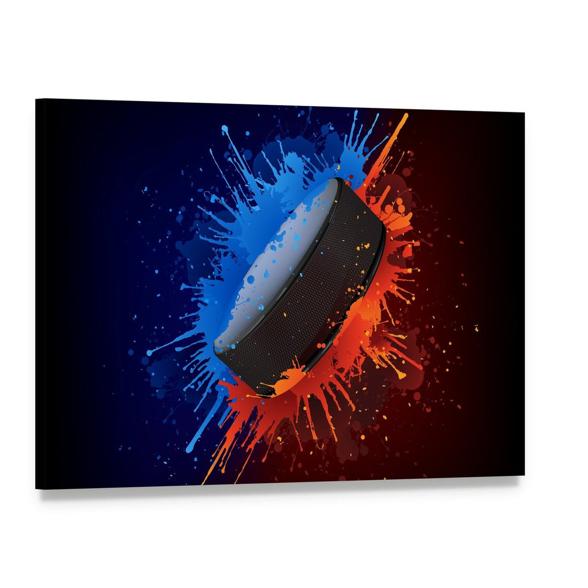 Hockey Puck with Paint Splatter Canvas Wall Art, single panel gallery wrapped canvas, angled product view
