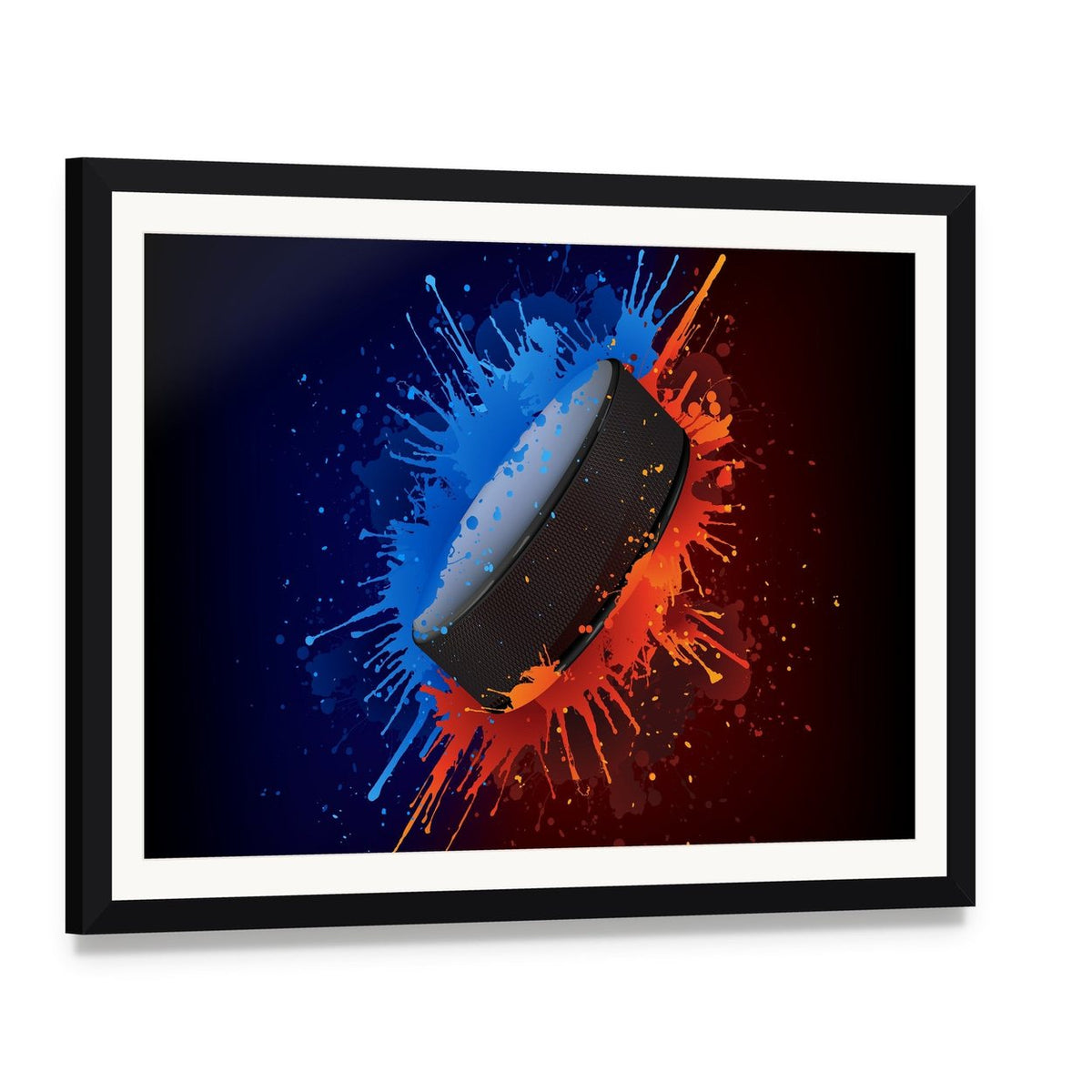 Hockey Puck with Paint Splatter Canvas Wall Art, framed print with white mat and black frame, angled product view