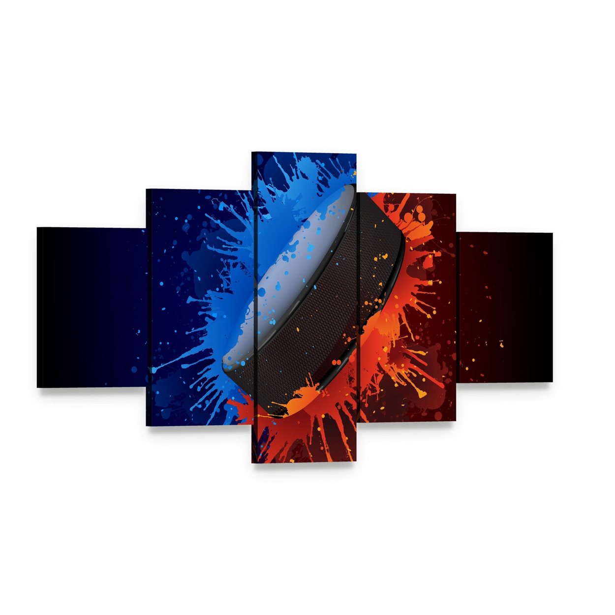 Hockey Puck with Paint Splatter Canvas Wall Art, 5 panel 5 Star layout gallery wrapped canvas set, angled product view