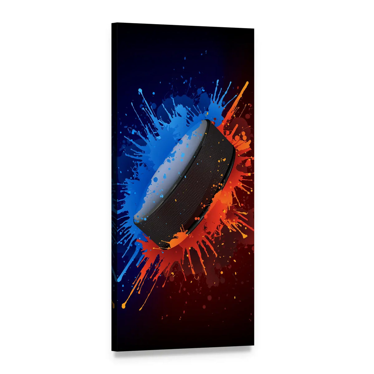 Hockey Puck with Paint Splashes Vertical Canvas Wall Art, 1 panel 1 Vertical layout gallery wrapped canvas set, angled product view