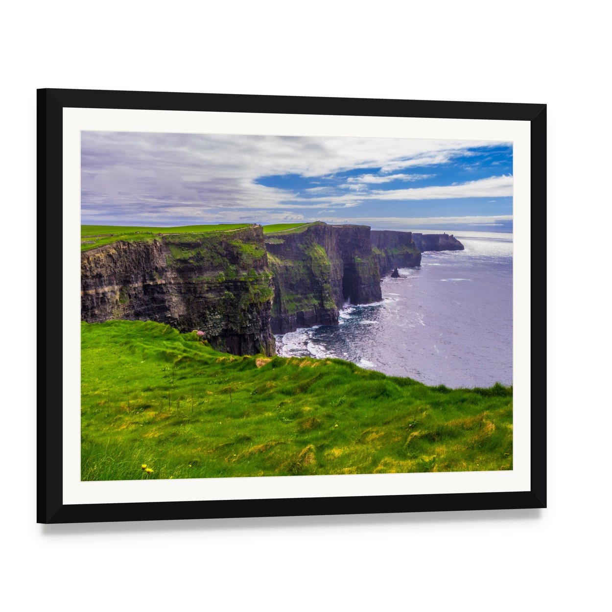 Cliffs of Moher, Ireland Canvas Wall Art, framed print with white mat and black frame, angled product view