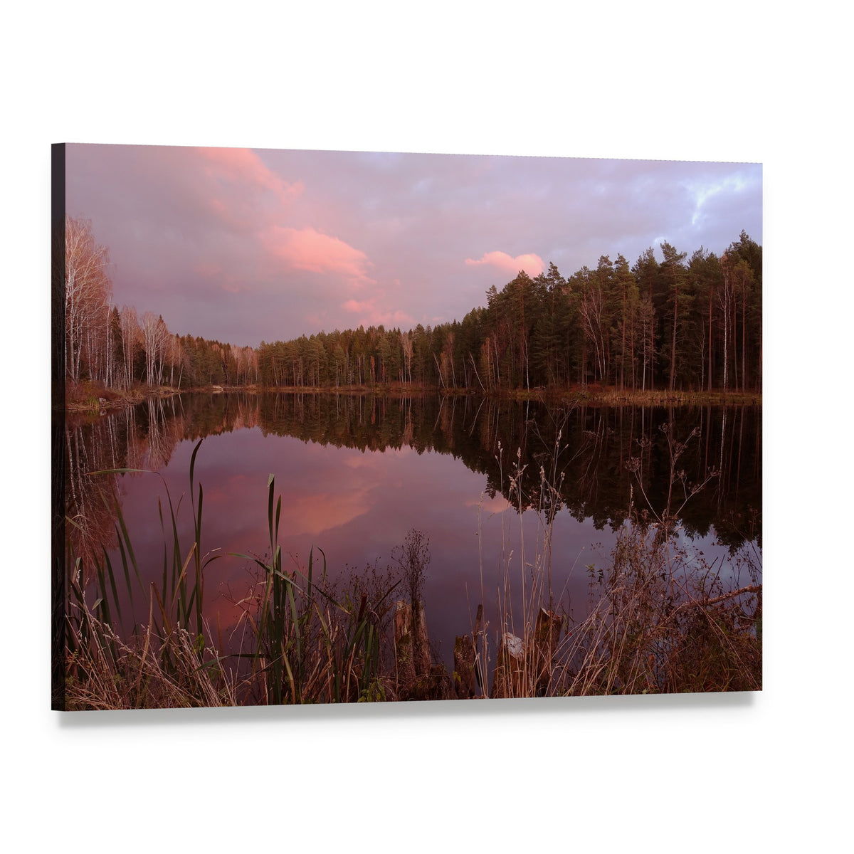 Forest Lake at Sunset Canvas Wall Art, single panel gallery wrapped canvas, angled product view