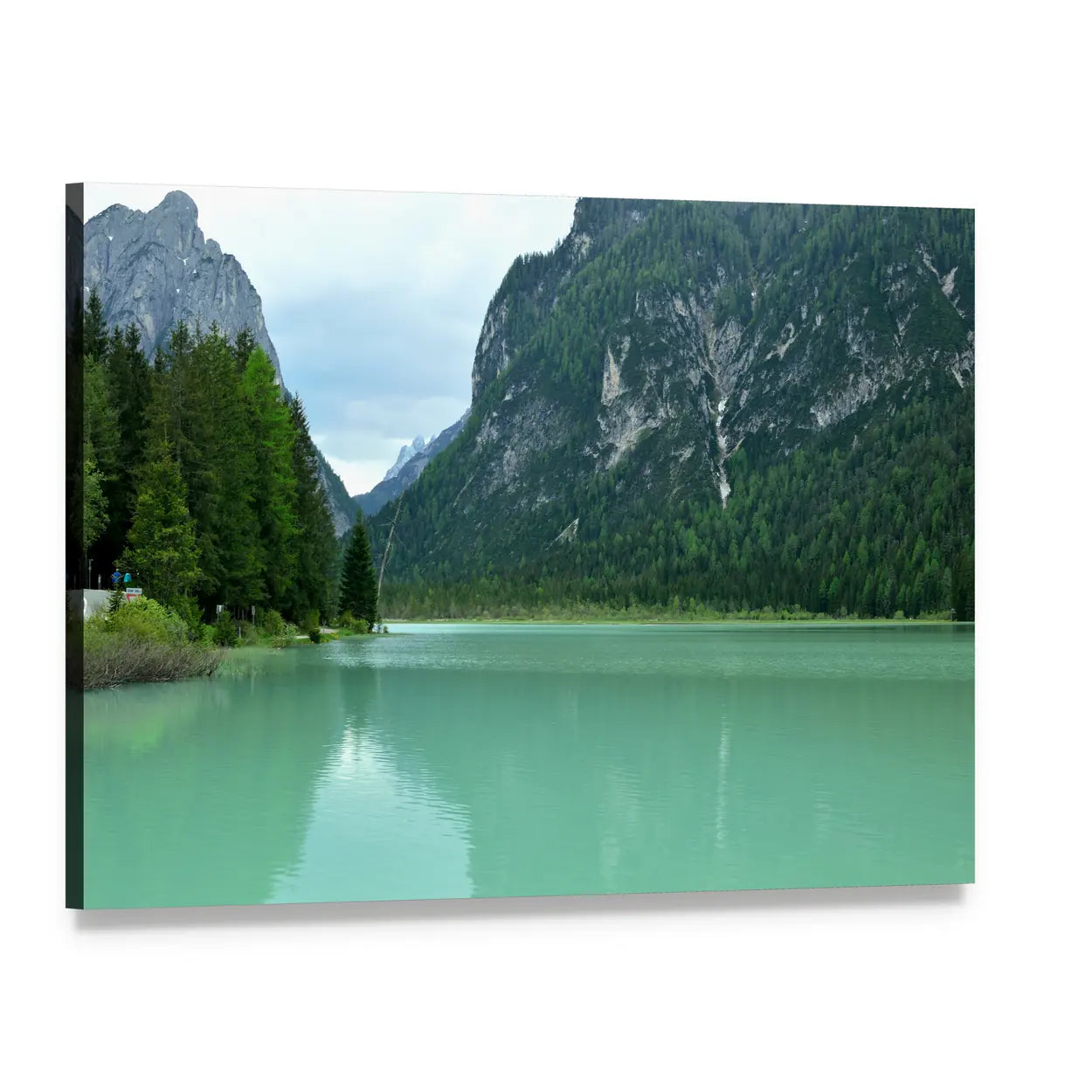 Lake Braies Turquoise Reflections Canvas Wall Art, single panel gallery wrapped canvas, angled product view