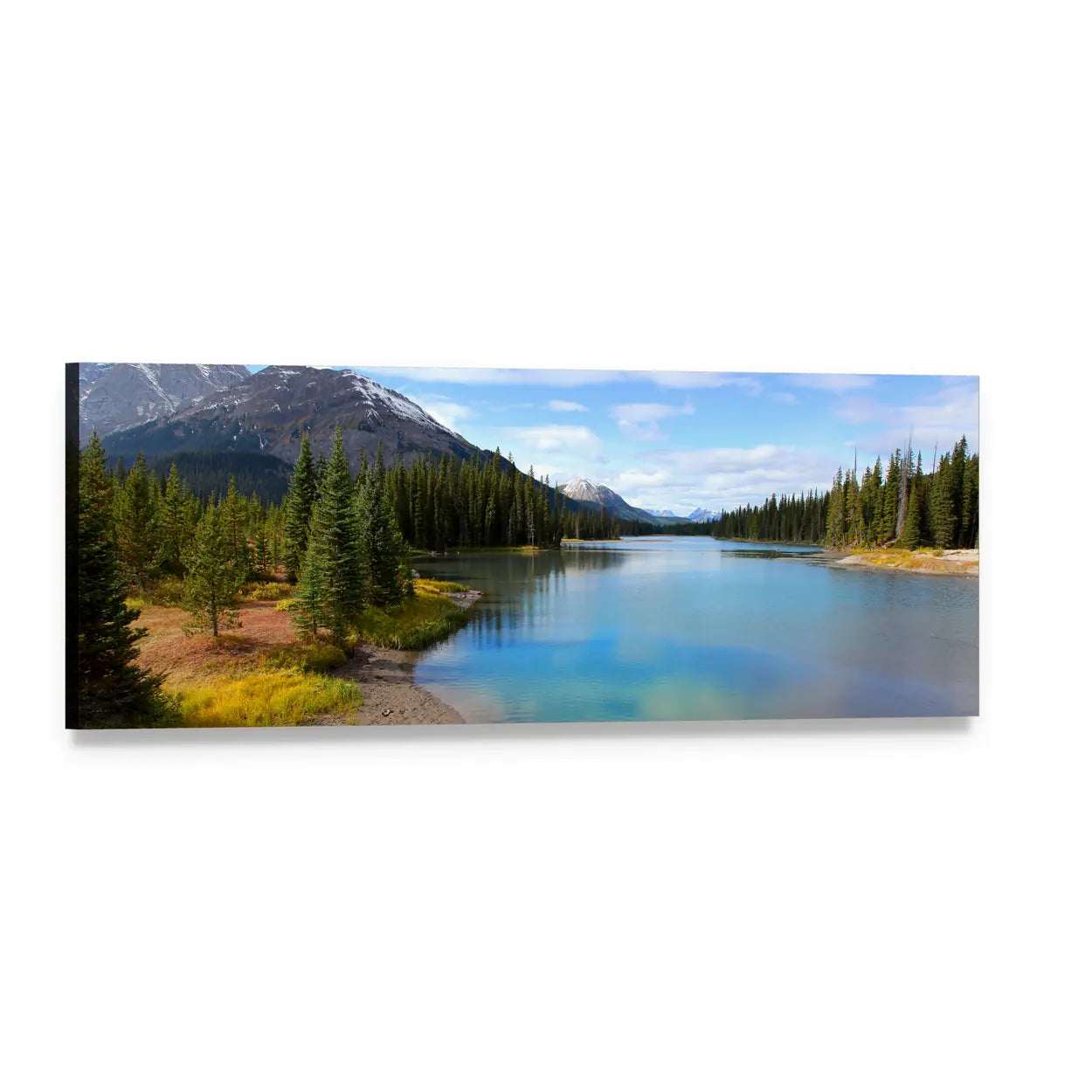 Porcupine Creek Lake View Panoramic Canvas Wall Art, single panel gallery wrapped canvas, angled product view