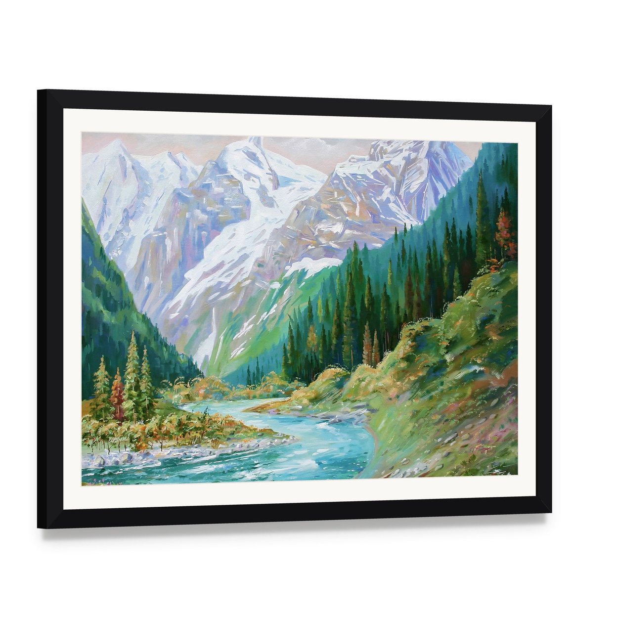 Teberda River in Caucasus Gorge Canvas Wall Art, framed print with white mat and black frame, angled product view