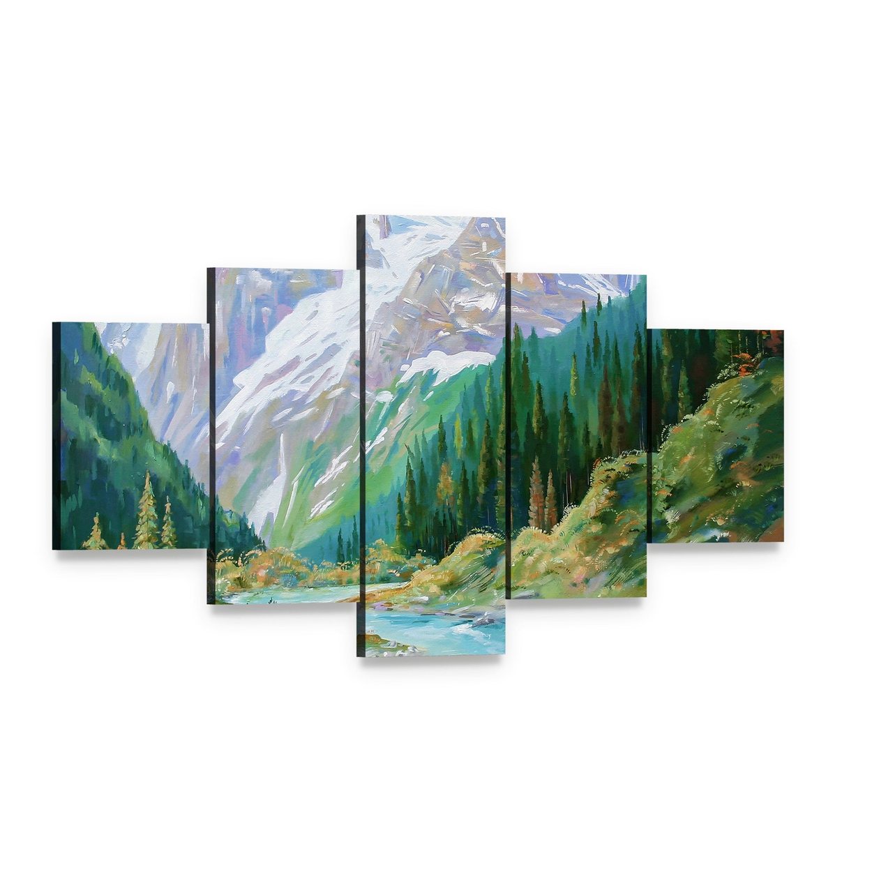 Teberda River in Caucasus Gorge Canvas Wall Art, 5 panel 5 Star layout gallery wrapped canvas set, angled product view
