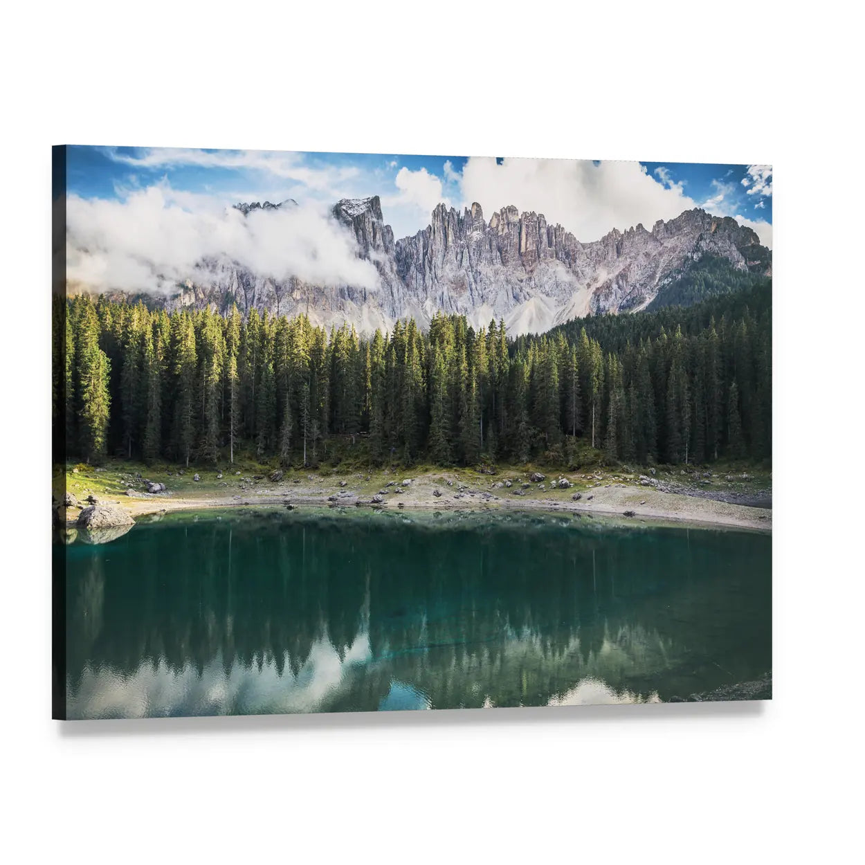 Lago Di Carezza Dolomites View Canvas Wall Art, single panel gallery wrapped canvas, angled product view