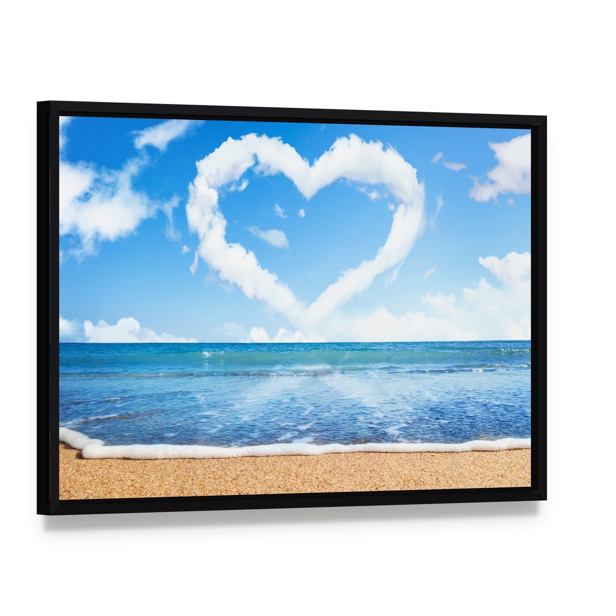 Heart of Clouds on Beach Canvas Wall Art, framed canvas in a black floater frame, angled product view