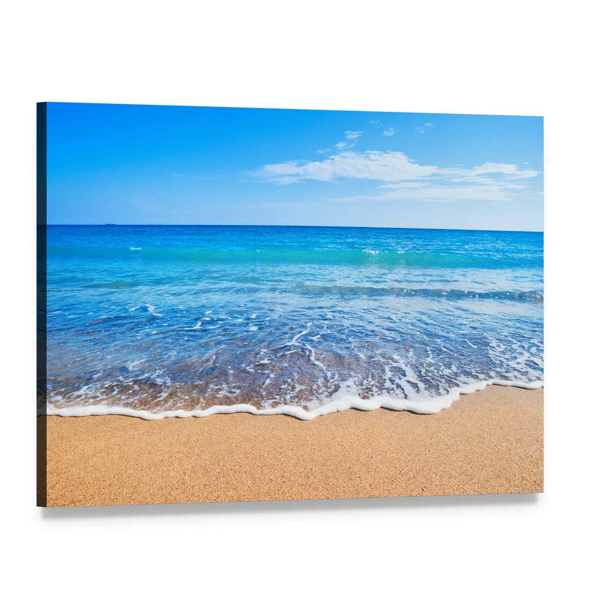 Turquoise Wave on Sandy Beach Canvas Wall Art, single panel gallery wrapped canvas, angled product view