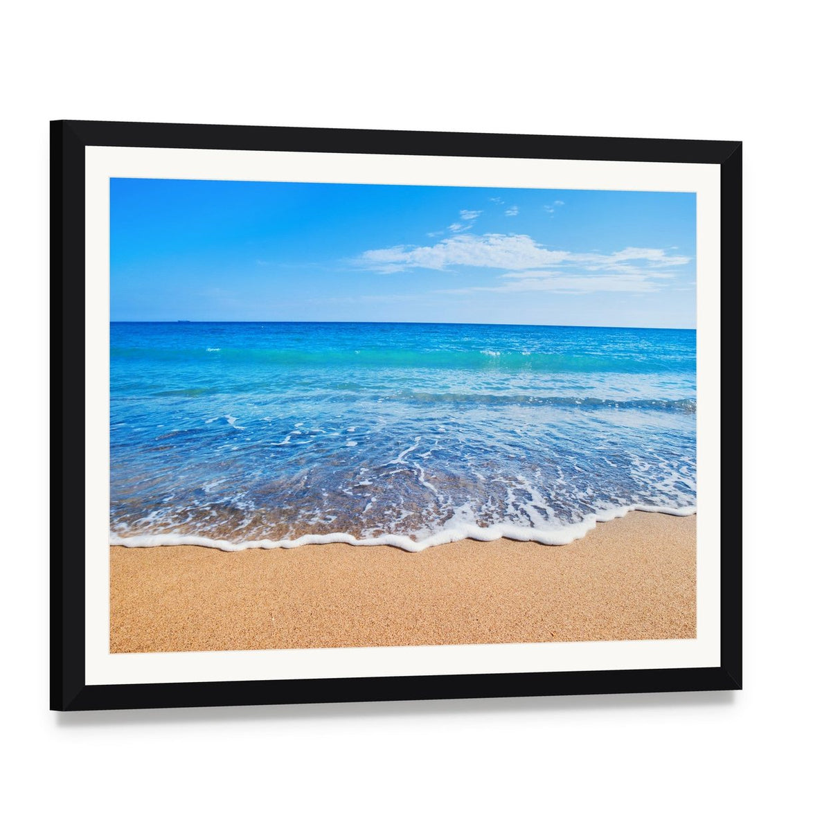 Beautiful Beach and Sea Canvas Wall Art, framed print with white mat and black frame, angled product view