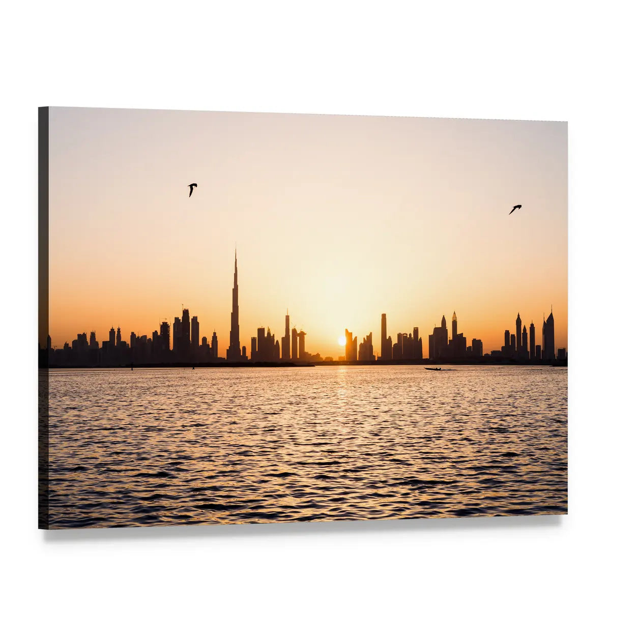 Dubai Skyline with Burj Khalifa at Sunset Canvas Wall Art, single panel gallery wrapped canvas, angled product view