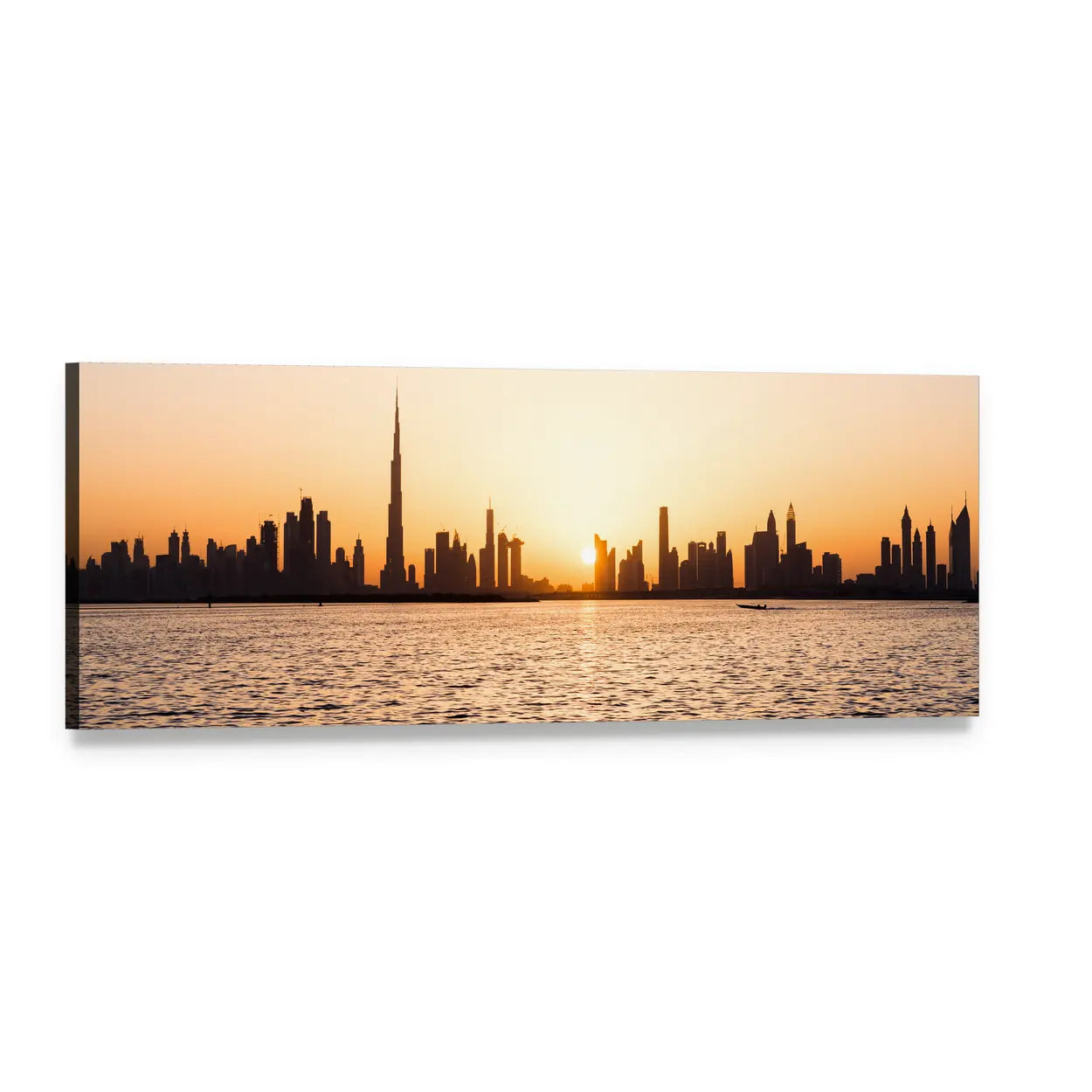 Dubai Skyline at Sunset Panoramic Canvas Wall Art, single panel gallery wrapped canvas, angled product view