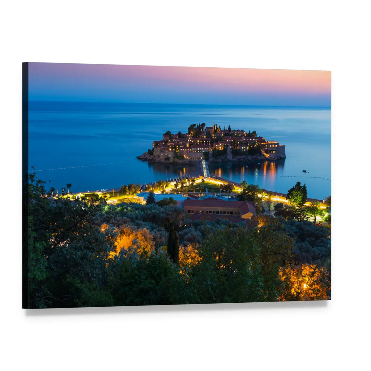 Sveti Stefan Island at Twilight Canvas Wall Art, single panel gallery wrapped canvas, angled product view