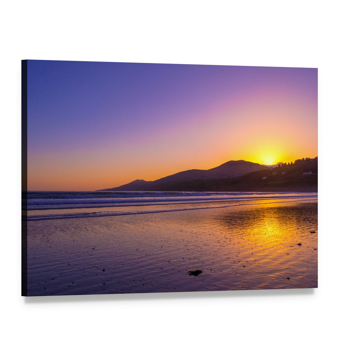 Sunset Over Beach and Distant Hills Canvas Wall Art, single panel gallery wrapped canvas, angled product view