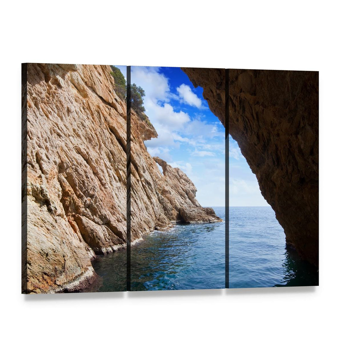 Grotto by Coastal Cliffs Canvas Wall Art, 3 panel 3 Horizontal layout gallery wrapped canvas set, angled product view