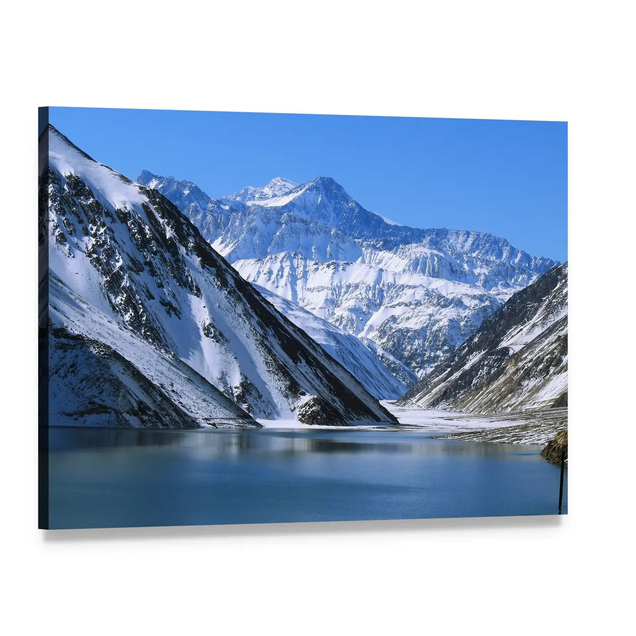 Snow-capped Mountains Above Alpine Lake Canvas Wall Art, single panel gallery wrapped canvas, angled product view
