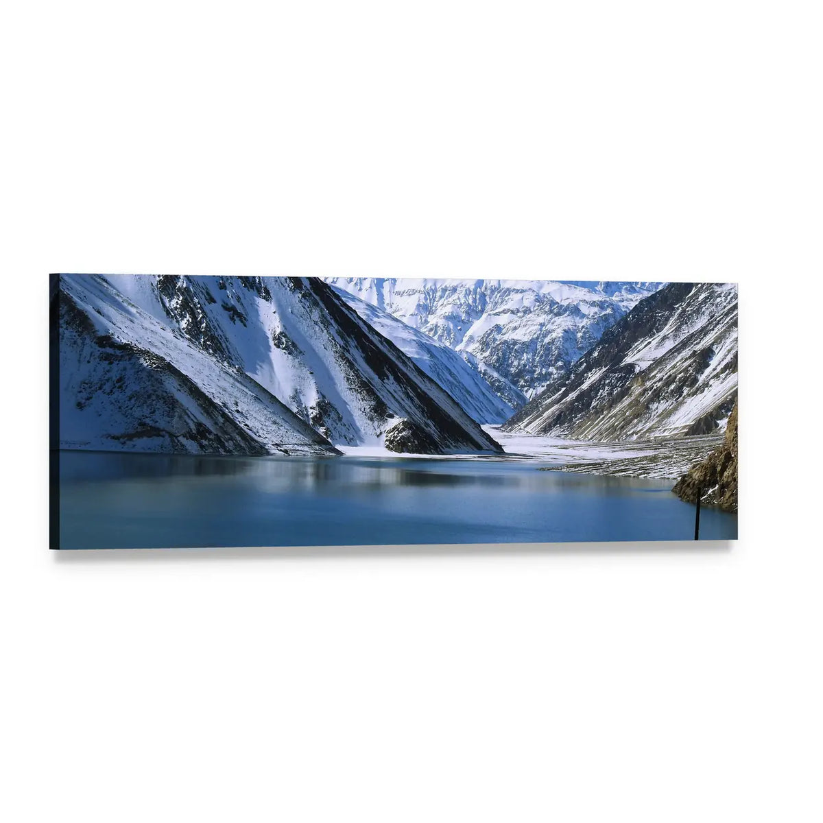 Snow-capped Mountain Lake Landscape Panoramic Canvas Wall Art, single panel gallery wrapped canvas, angled product view