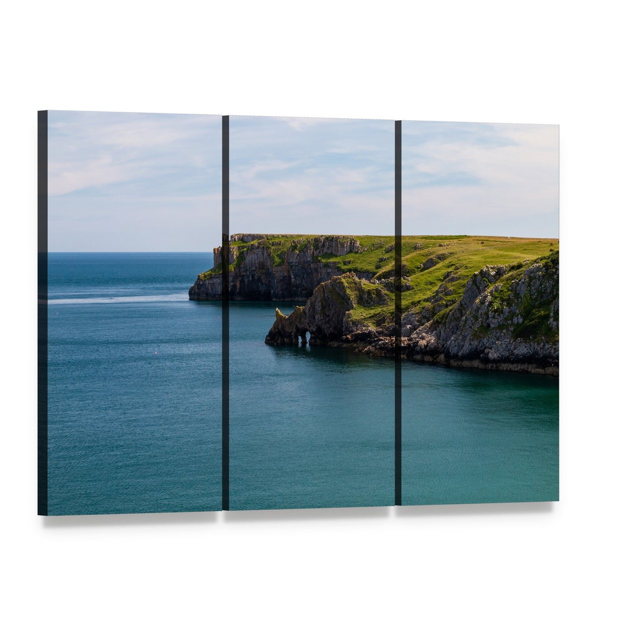 Welsh Coastline at Stackpole and Barafundle Bay Canvas Wall Art, 3 panel 3 Horizontal layout gallery wrapped canvas set, angled product view