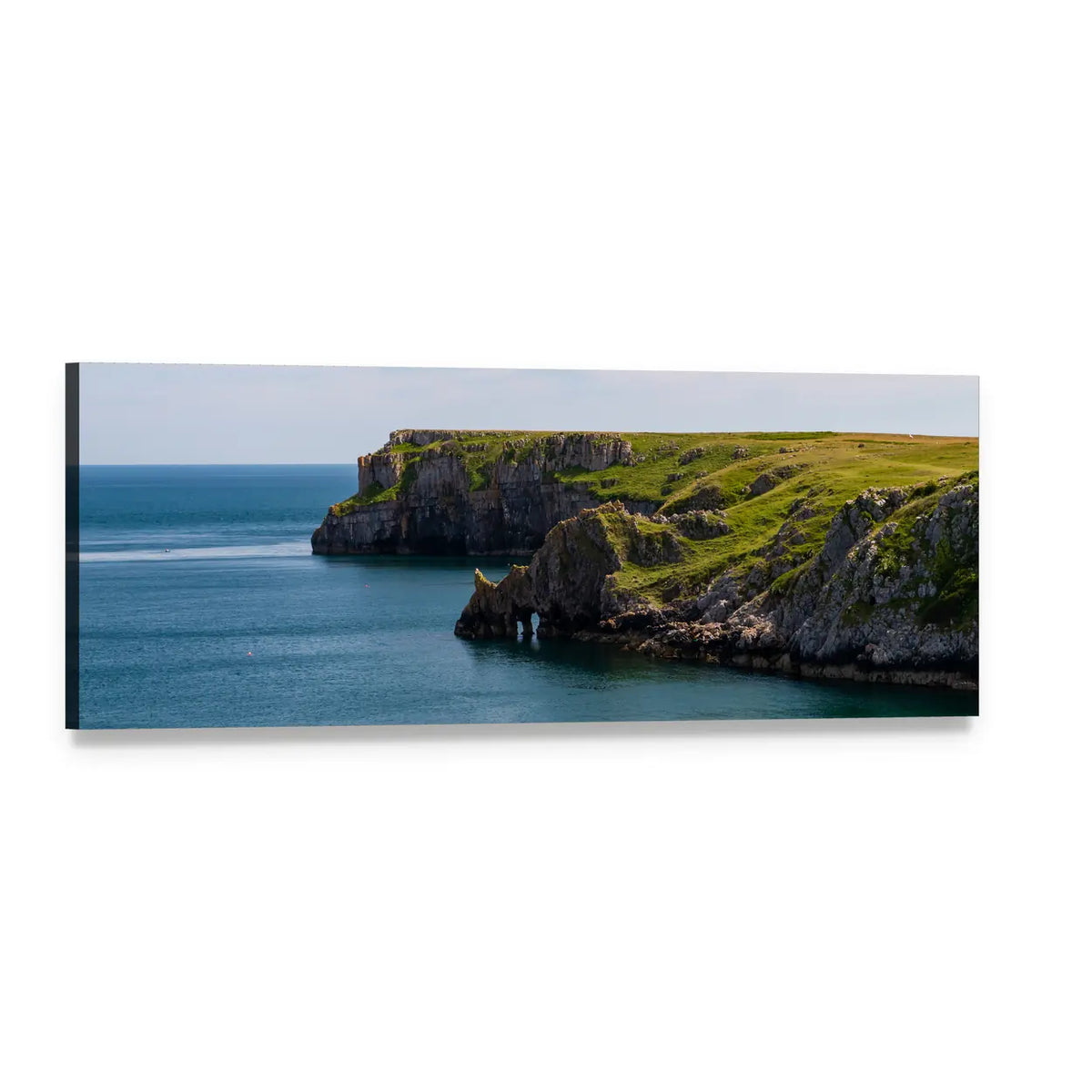 Welsh Coastal Cliffs Over Calm Sea Panoramic Canvas Wall Art, single panel gallery wrapped canvas, angled product view