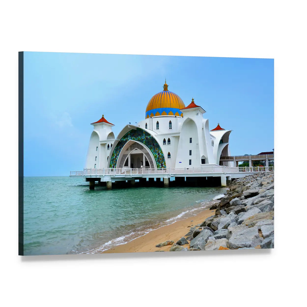Malacca Straits Mosque by the Sea Canvas Wall Art, single panel gallery wrapped canvas, angled product view