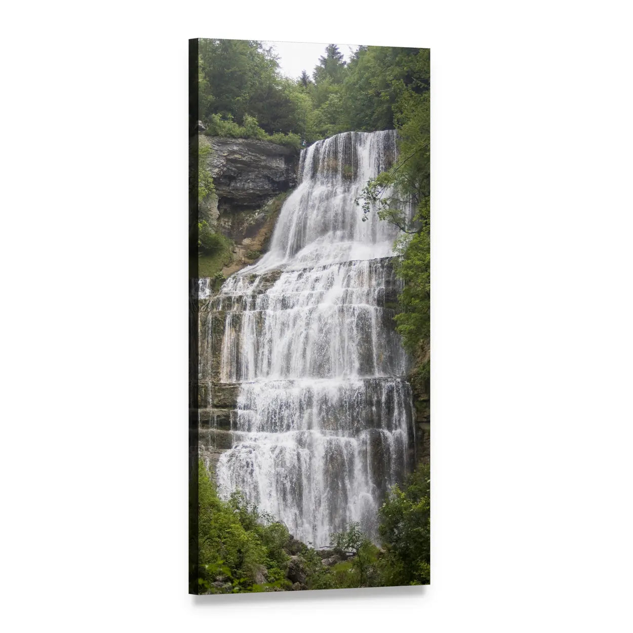 Tiered Forest Waterfall with Lush Foliage Vertical Canvas Wall Art, 1 panel 1 Vertical layout gallery wrapped canvas set, angled product view
