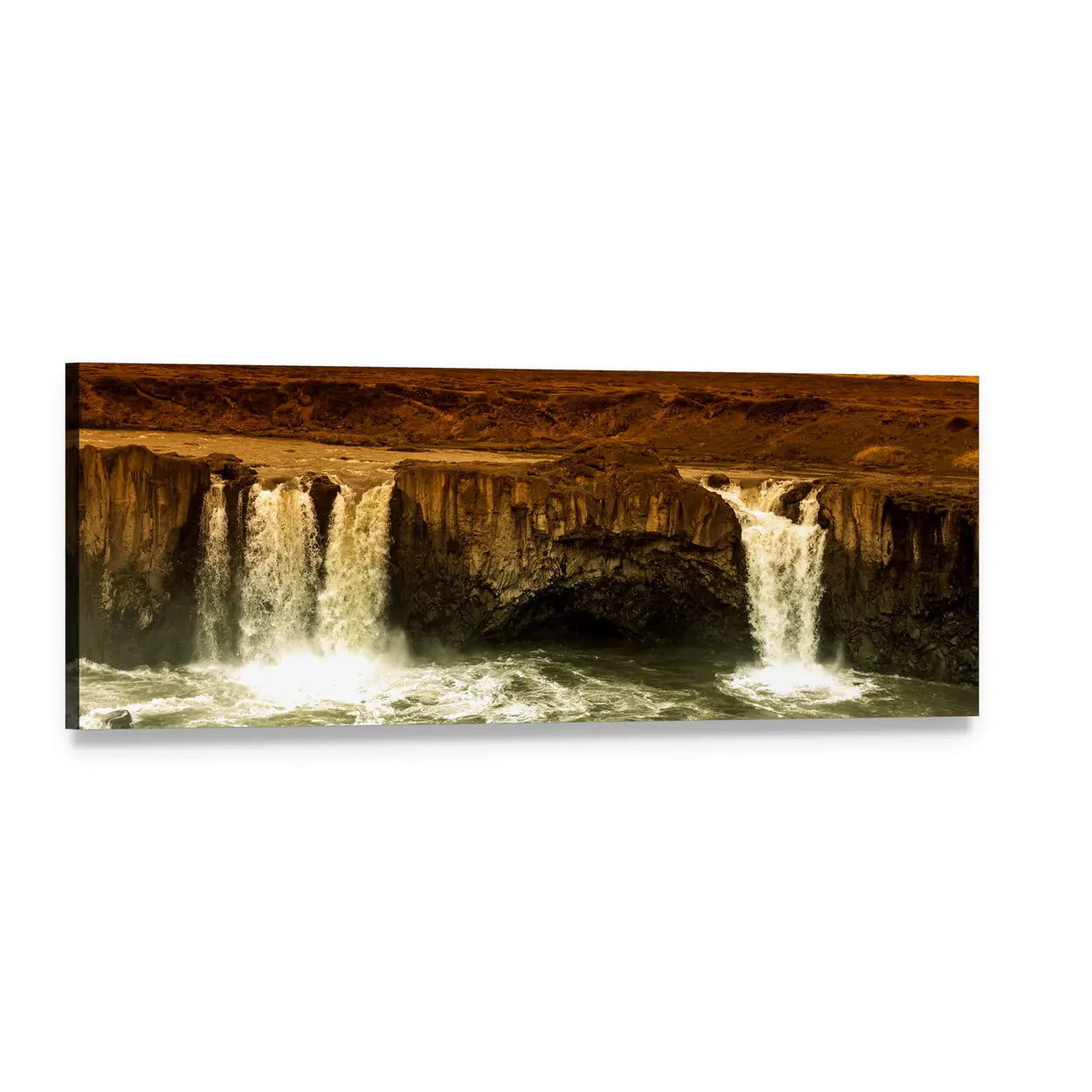 Godafoss Waterfalls Over Rocky Ledge Panoramic Canvas Wall Art, single panel gallery wrapped canvas, angled product view