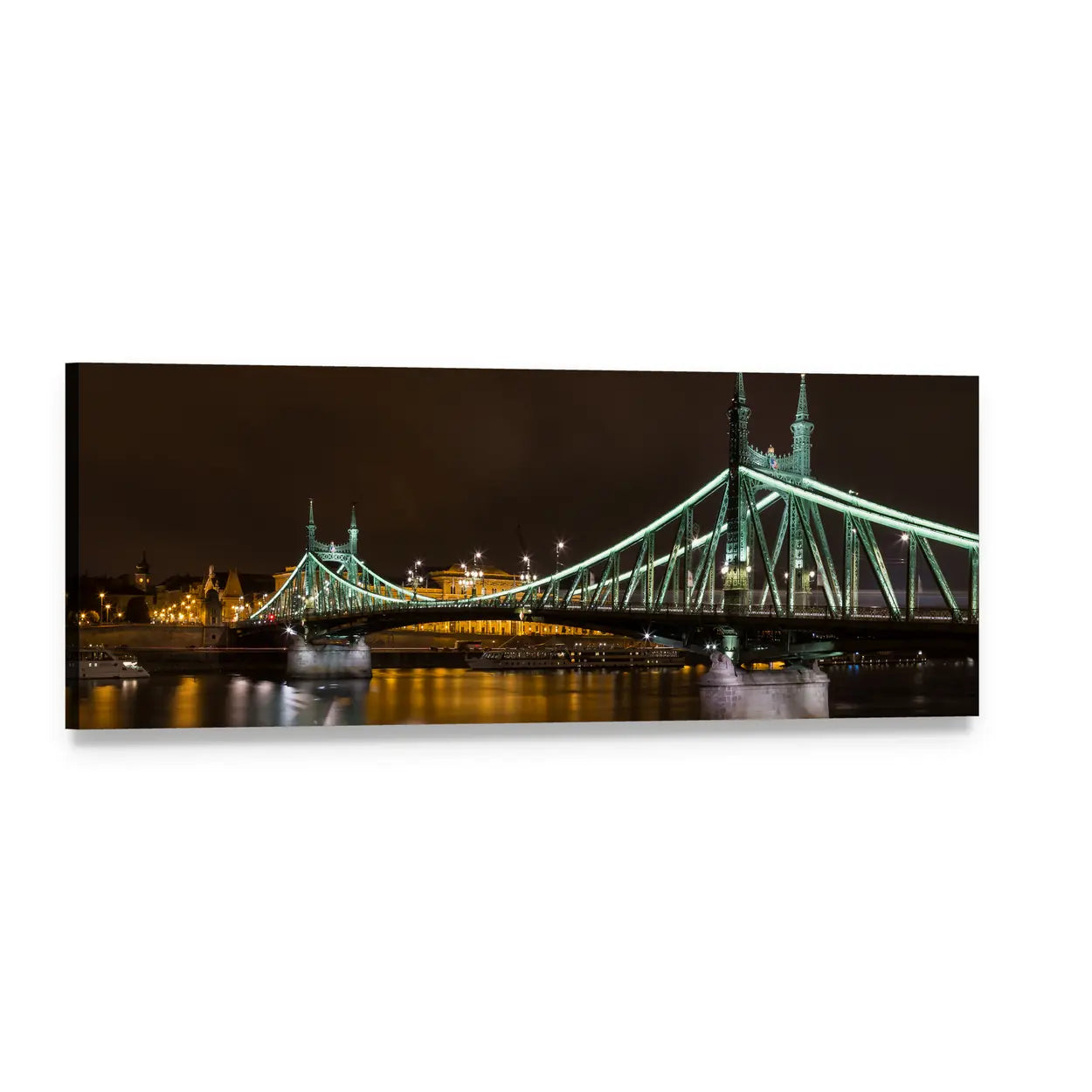 Liberty Bridge Budapest at Night Panoramic Canvas Wall Art, single panel gallery wrapped canvas, angled product view