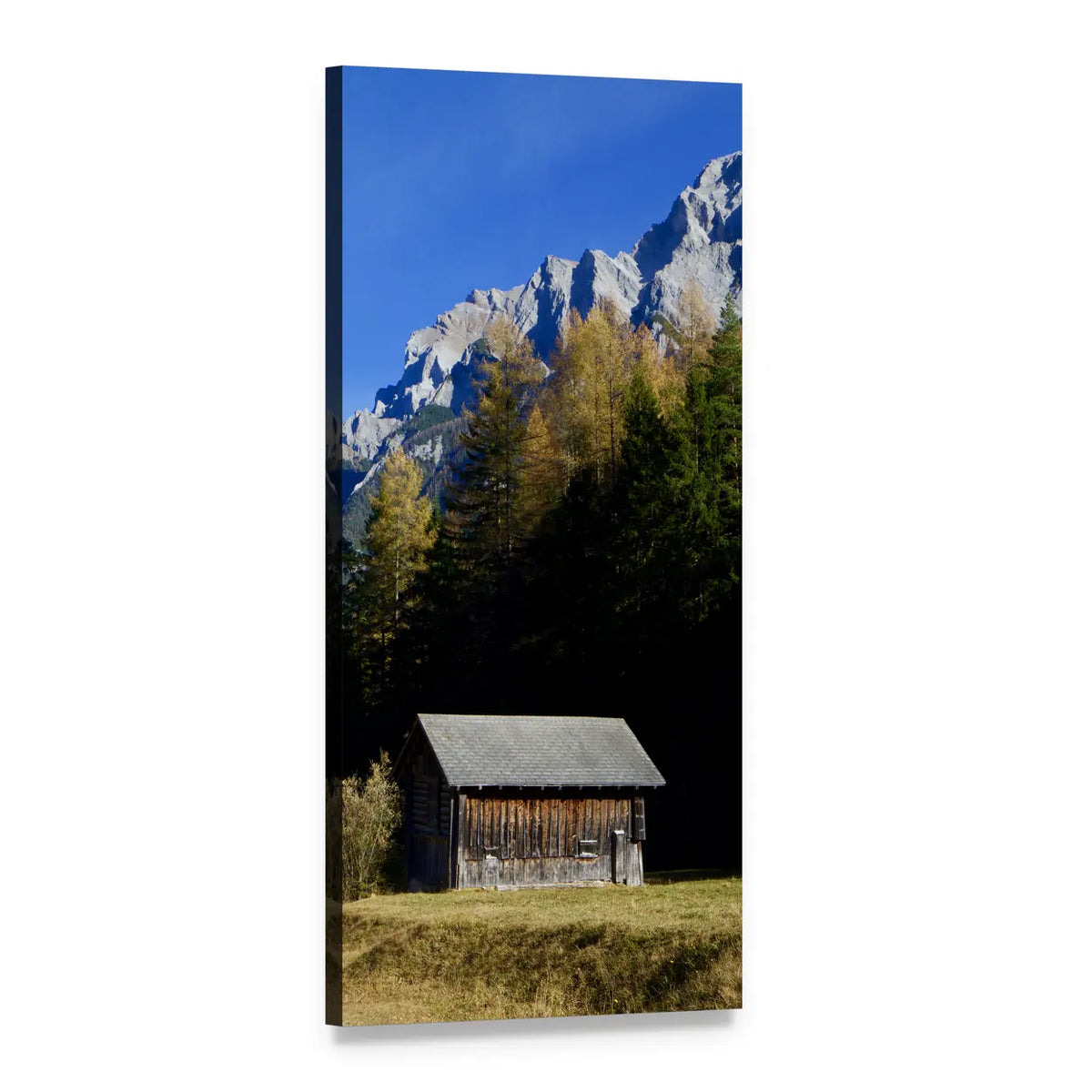Alpine House with Autumn Pines Vertical Canvas Wall Art, 1 panel 1 Vertical layout gallery wrapped canvas set, angled product view