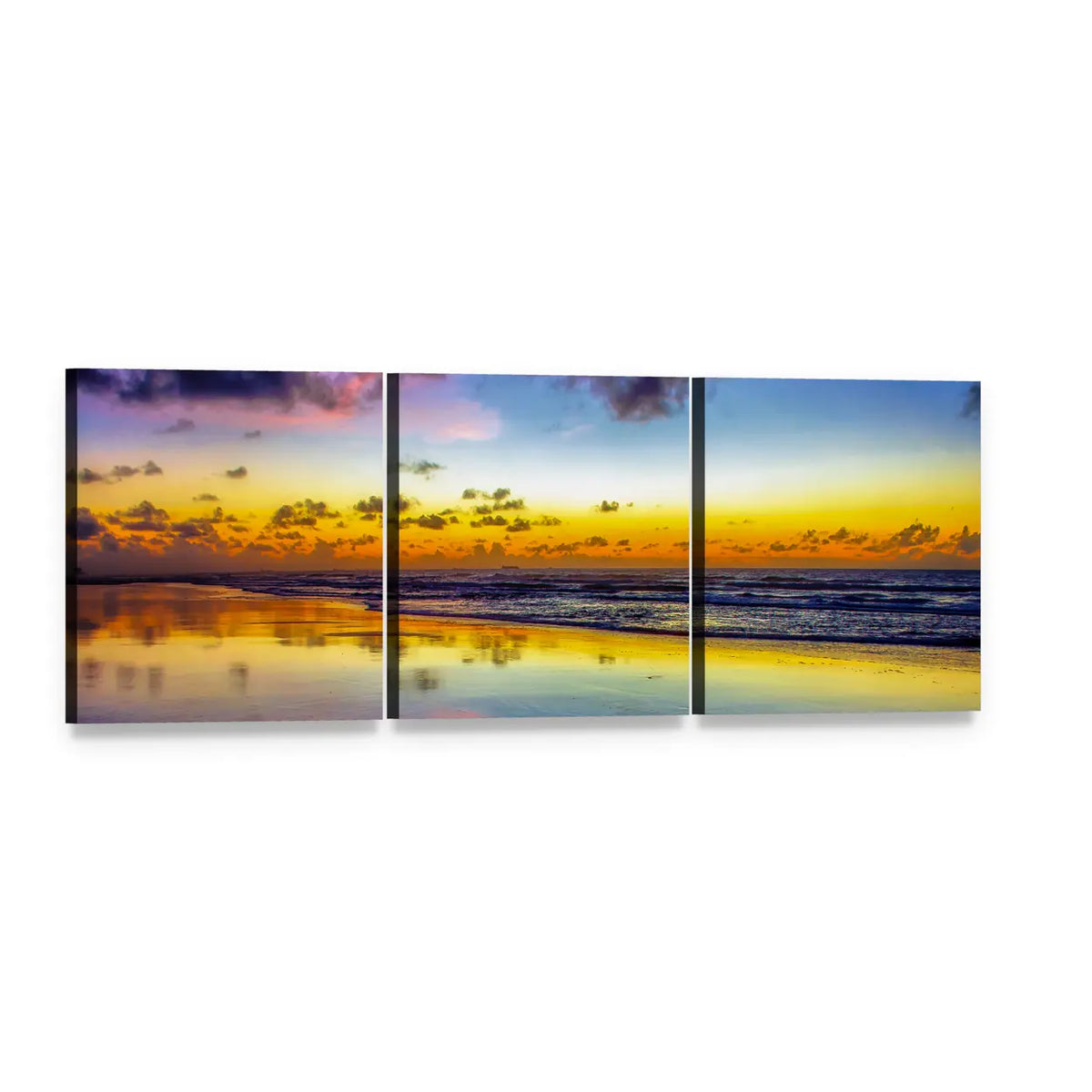 Purple Twilight Over Brazilian Beach Panoramic Canvas Wall Art, 3 panel 3 Piece layout gallery wrapped canvas set, angled product view