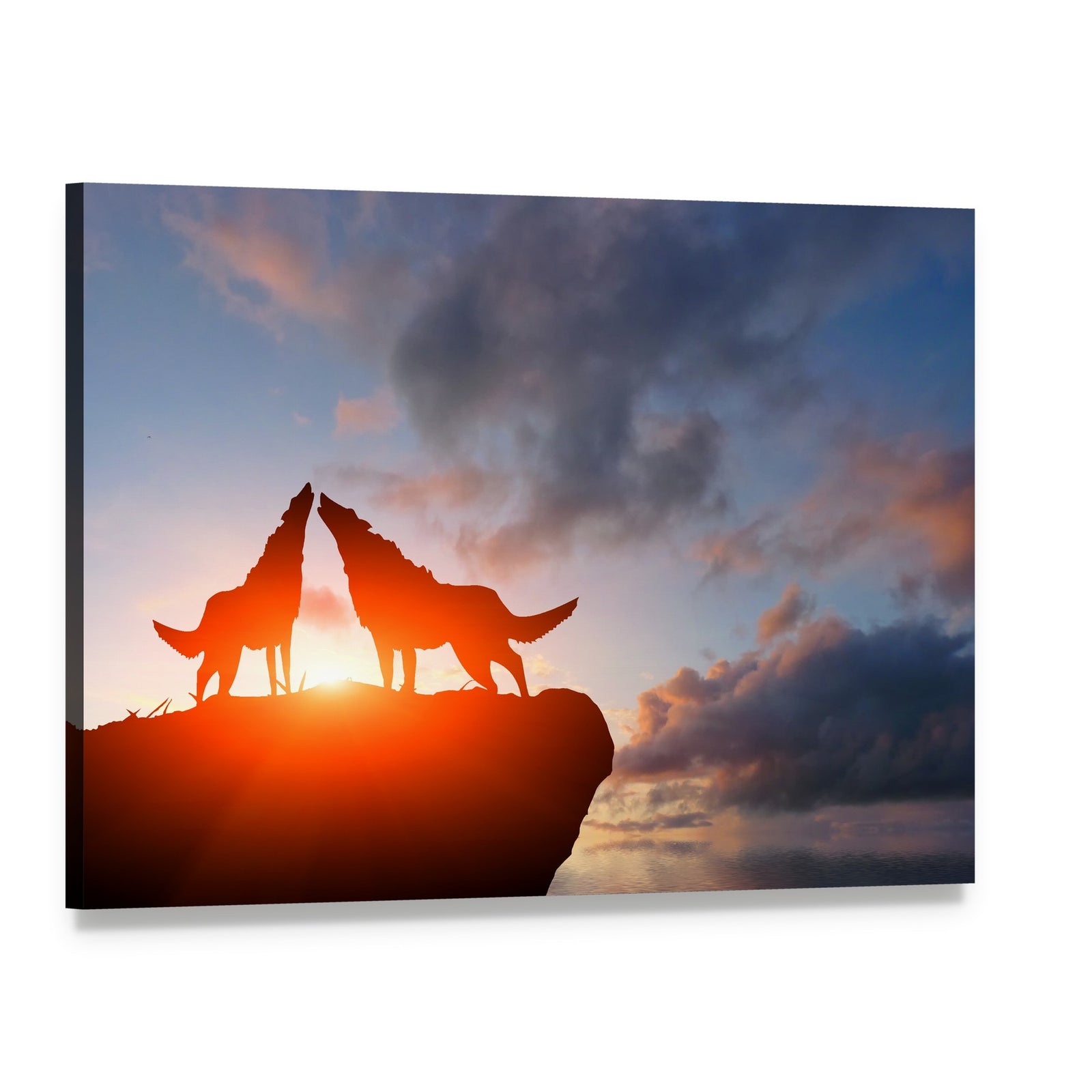 Two Wolves Howling at Sunset Canvas Wall Art, single panel gallery wrapped canvas, angled product view
