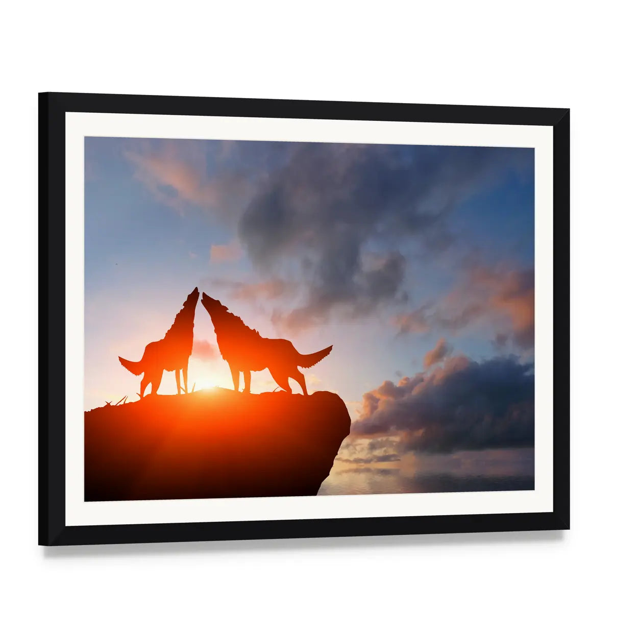 Two Wolves Howling on a Cliff at Sunset Canvas Wall Art, framed print with white mat and black frame, angled product view