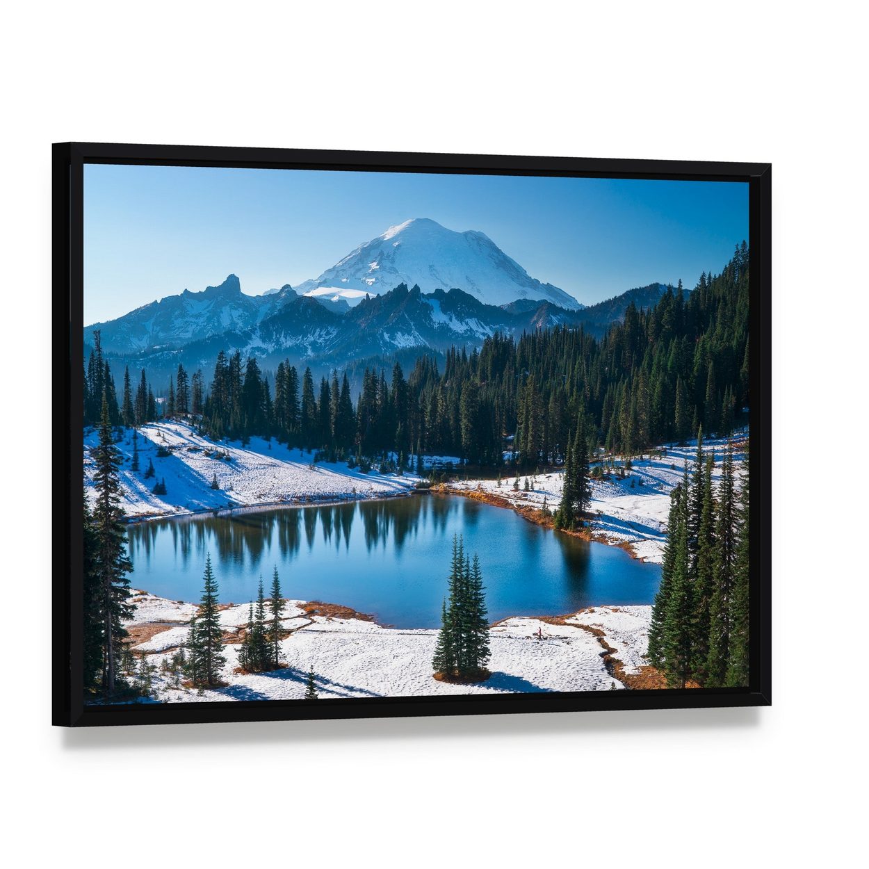 Tipsoo Lake in Winter Canvas Wall Art, framed canvas in a black floater frame, angled product view