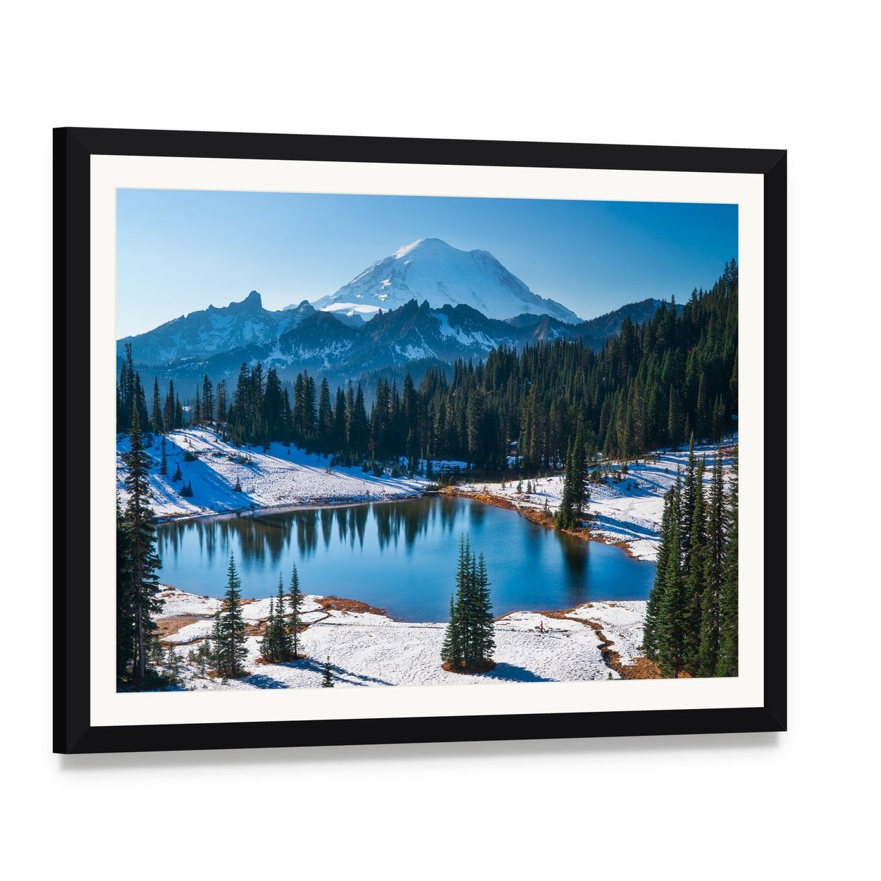 Tipsoo Lake in Winter Canvas Wall Art, framed print with white mat and black frame, angled product view