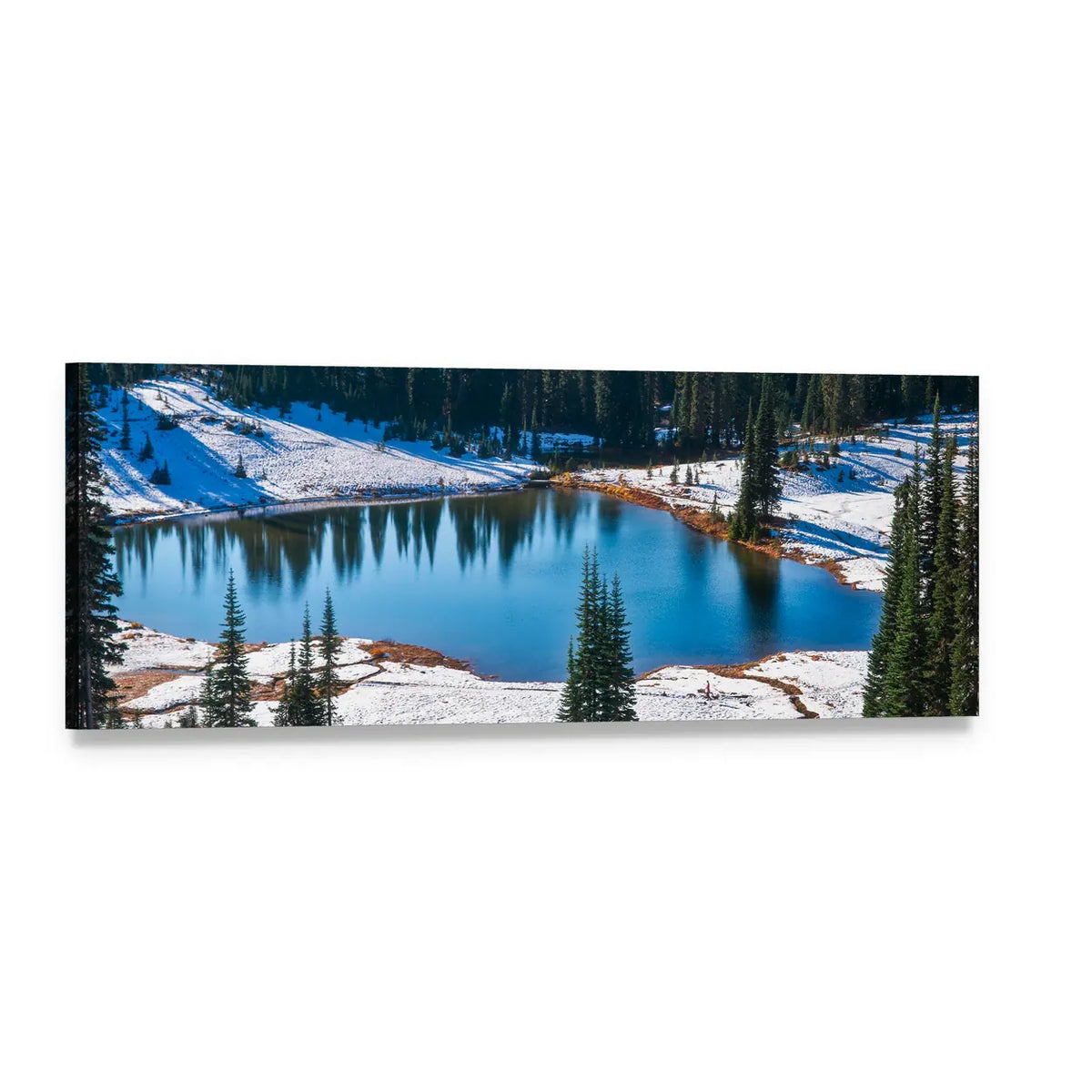 Tipsoo Lake in Winter Panoramic Canvas Wall Art, single panel gallery wrapped canvas, angled product view