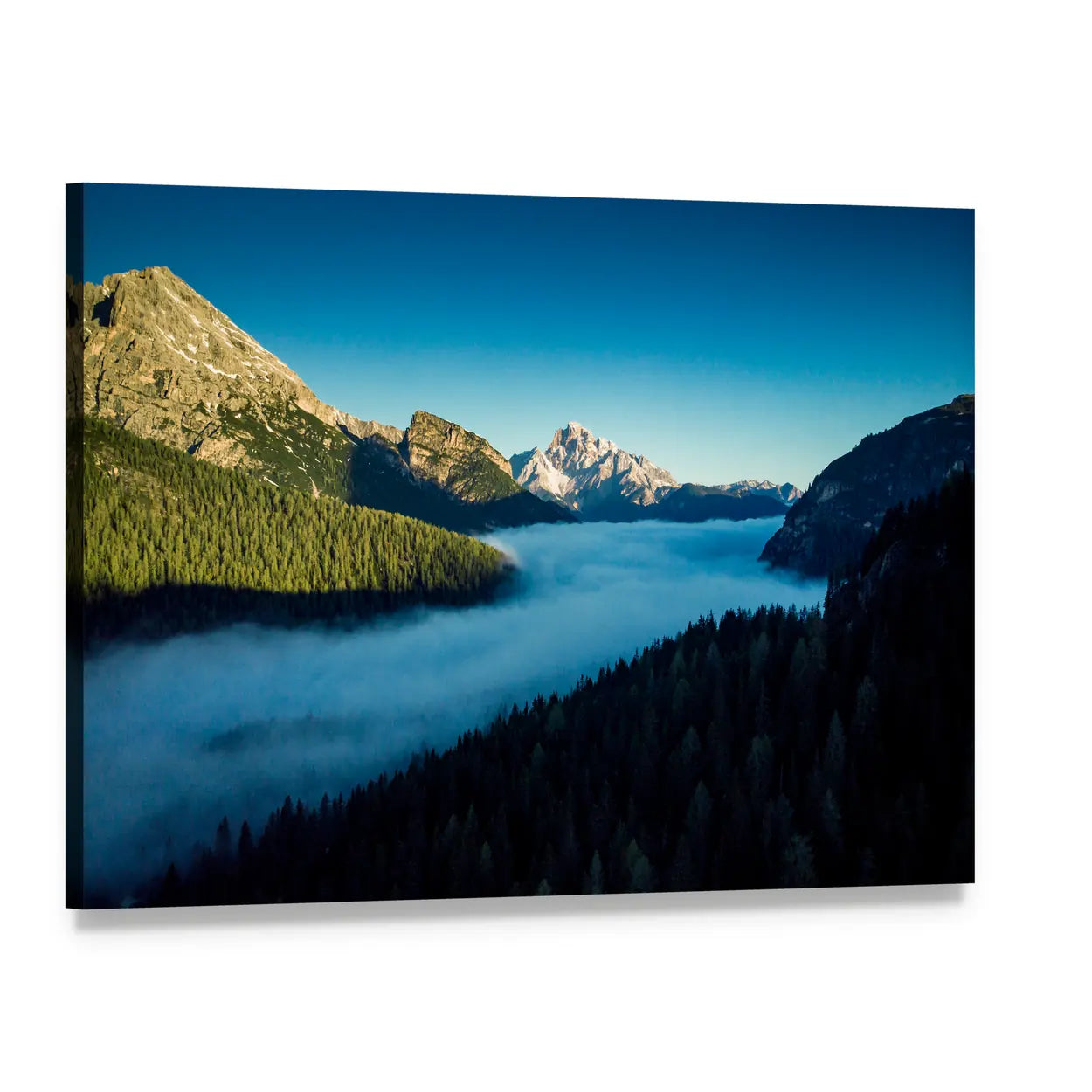 Morning Fog Over Pine Forest and Snow-capped Peak Canvas Wall Art, single panel gallery wrapped canvas, angled product view