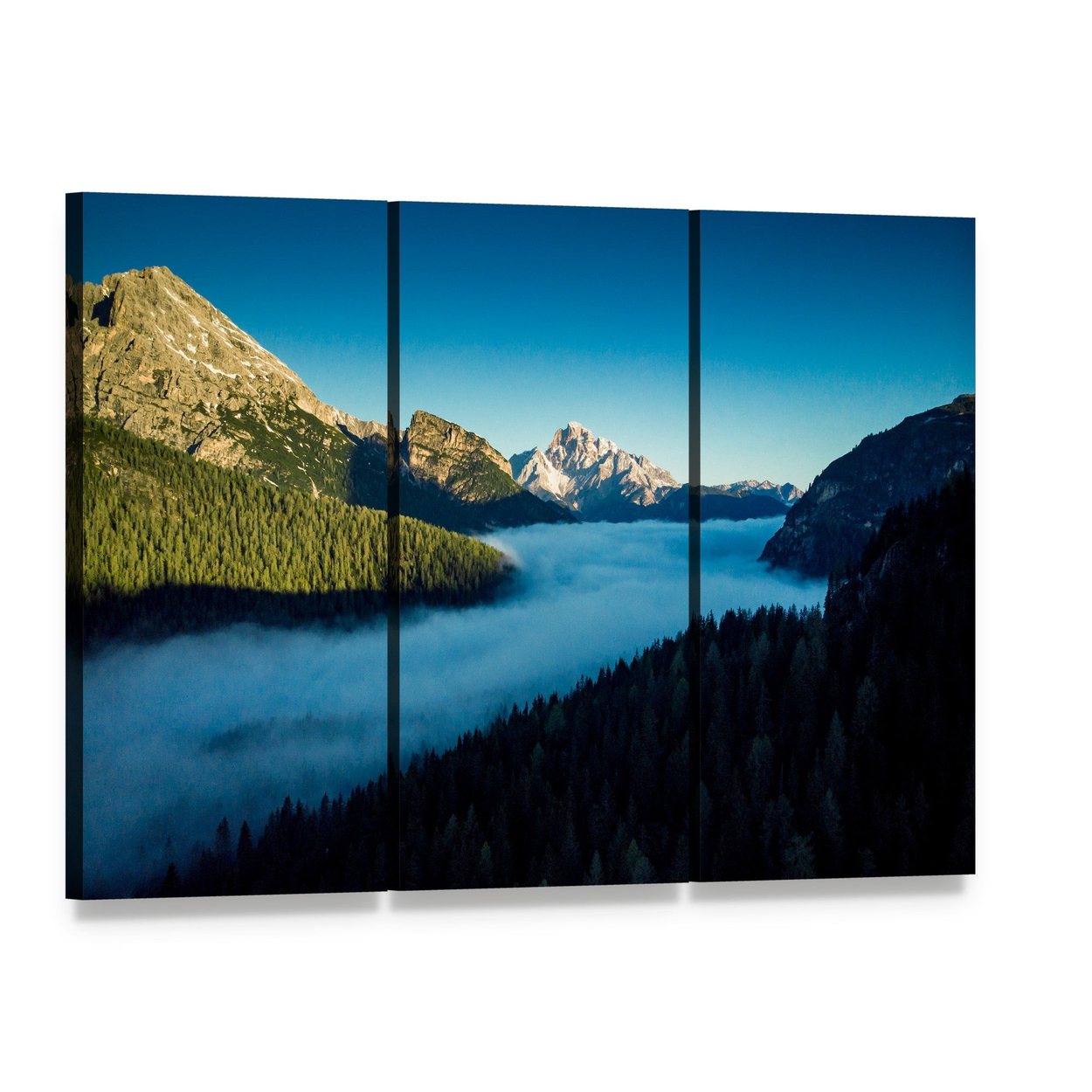 Morning Fog Over Forest Canvas Wall Art, 3 panel 3 Horizontal layout gallery wrapped canvas set, angled product view