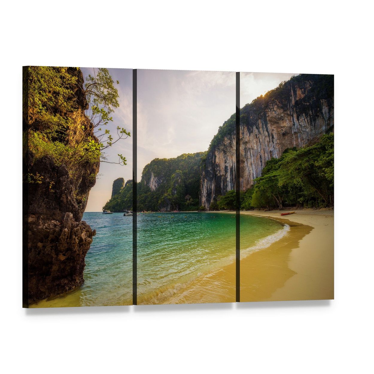Tropical Beach with Turquoise Water Canvas Wall Art, 3 panel 3 Horizontal layout gallery wrapped canvas set, angled product view