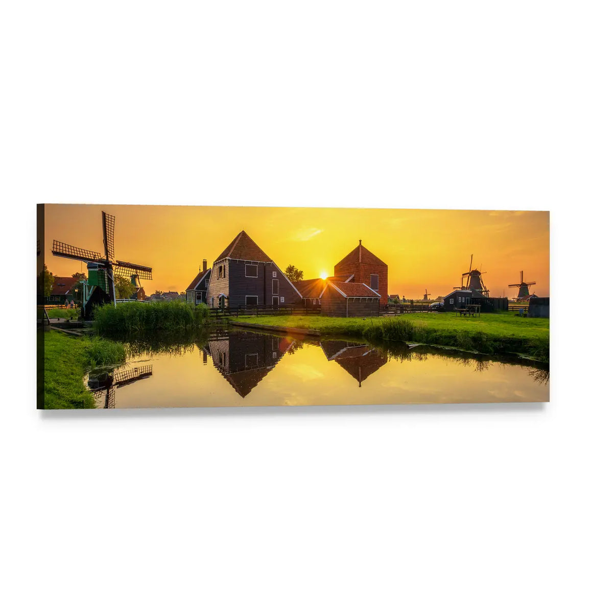 Dutch Windmills at Sunset Panoramic Canvas Wall Art, single panel gallery wrapped canvas, angled product view